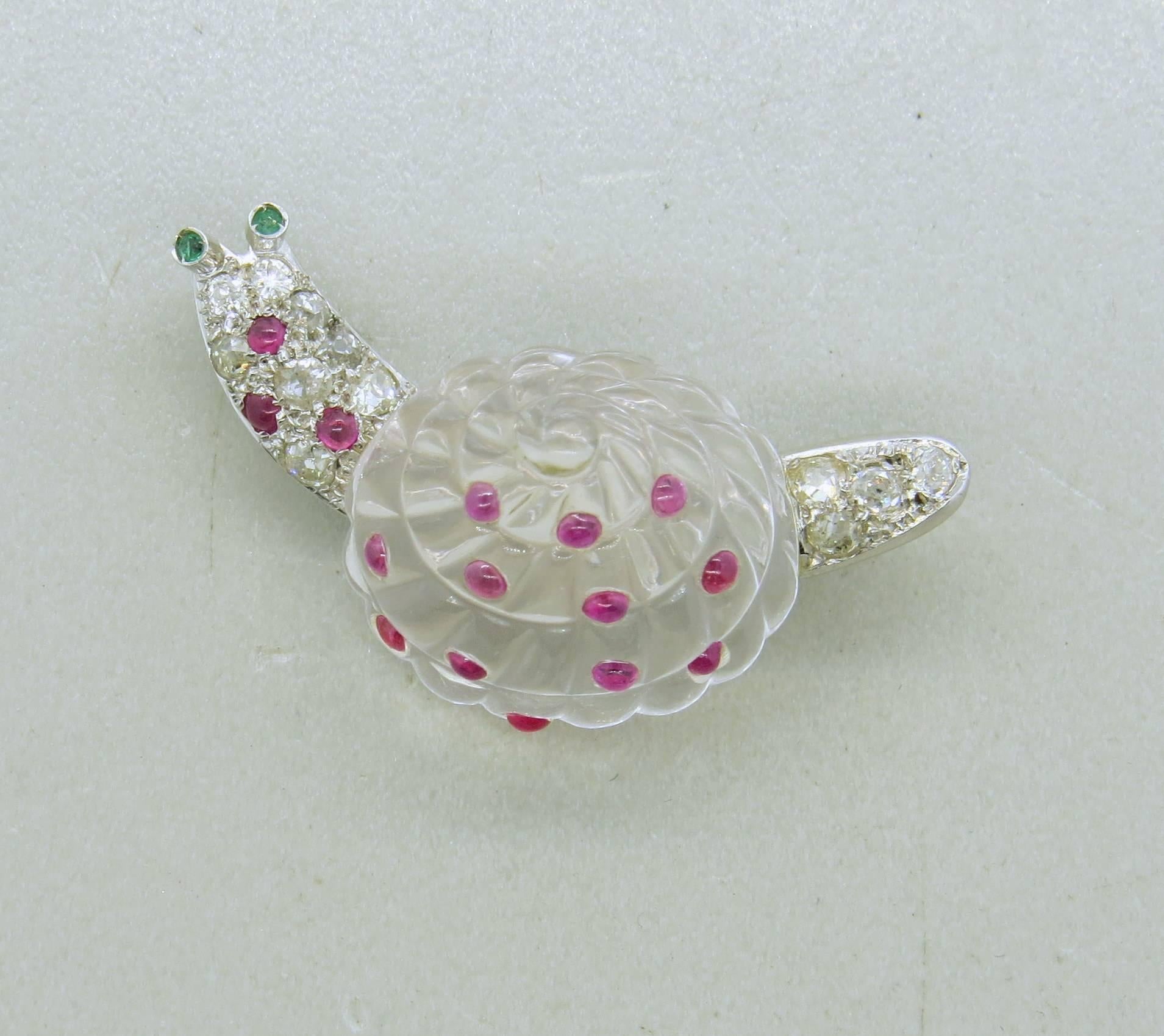 Women's Adorable Antique Crystal Ruby Emerald Diamond Platinum Snail Brooch Pin For Sale