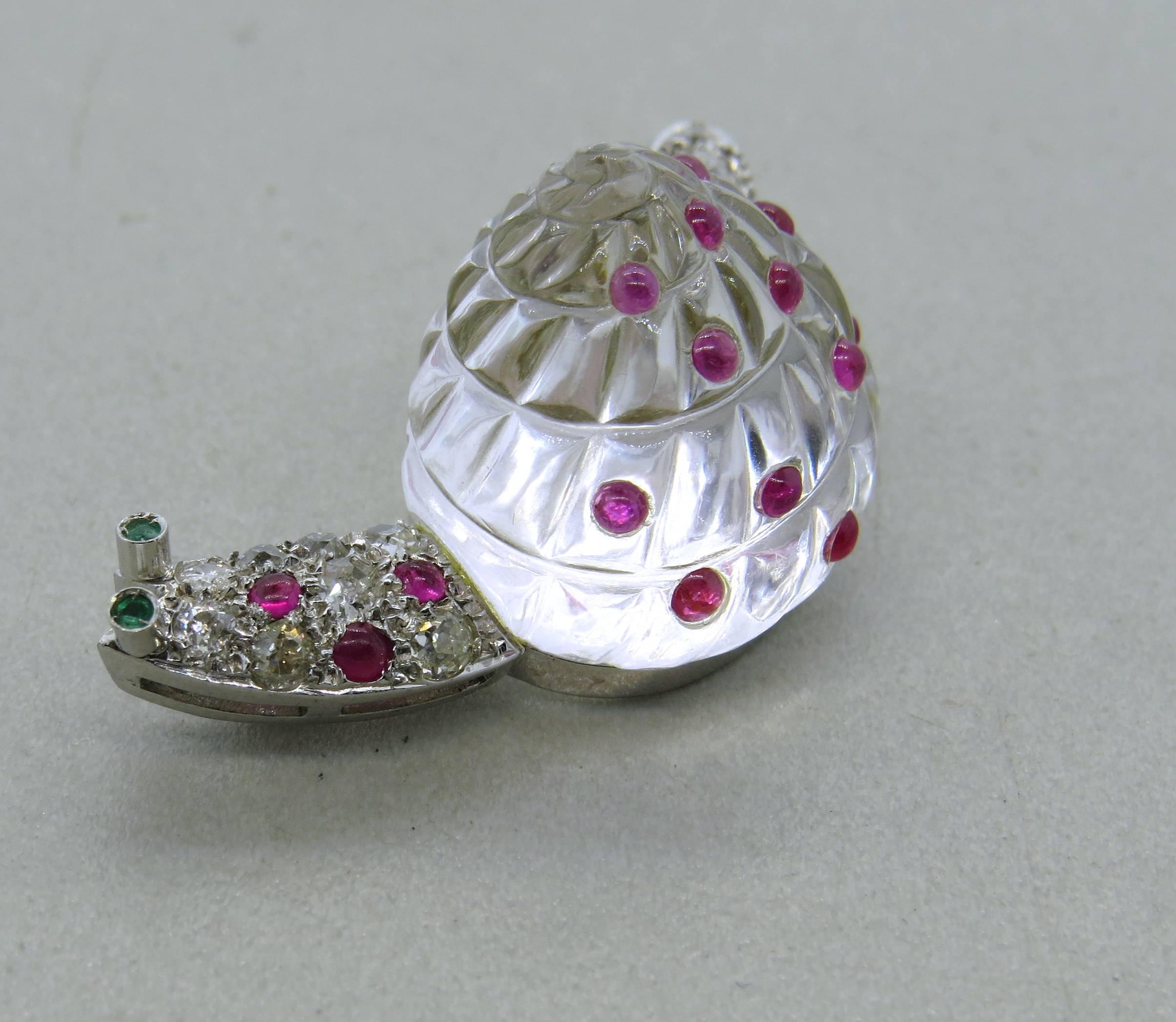 Adorable Antique Crystal Ruby Emerald Diamond Platinum Snail Brooch Pin For Sale 2
