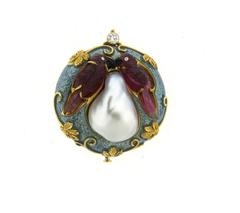 Exquisite Elizabeth Gage Carved Gemstone Pearl Enamel Diamond Gold Brooch
