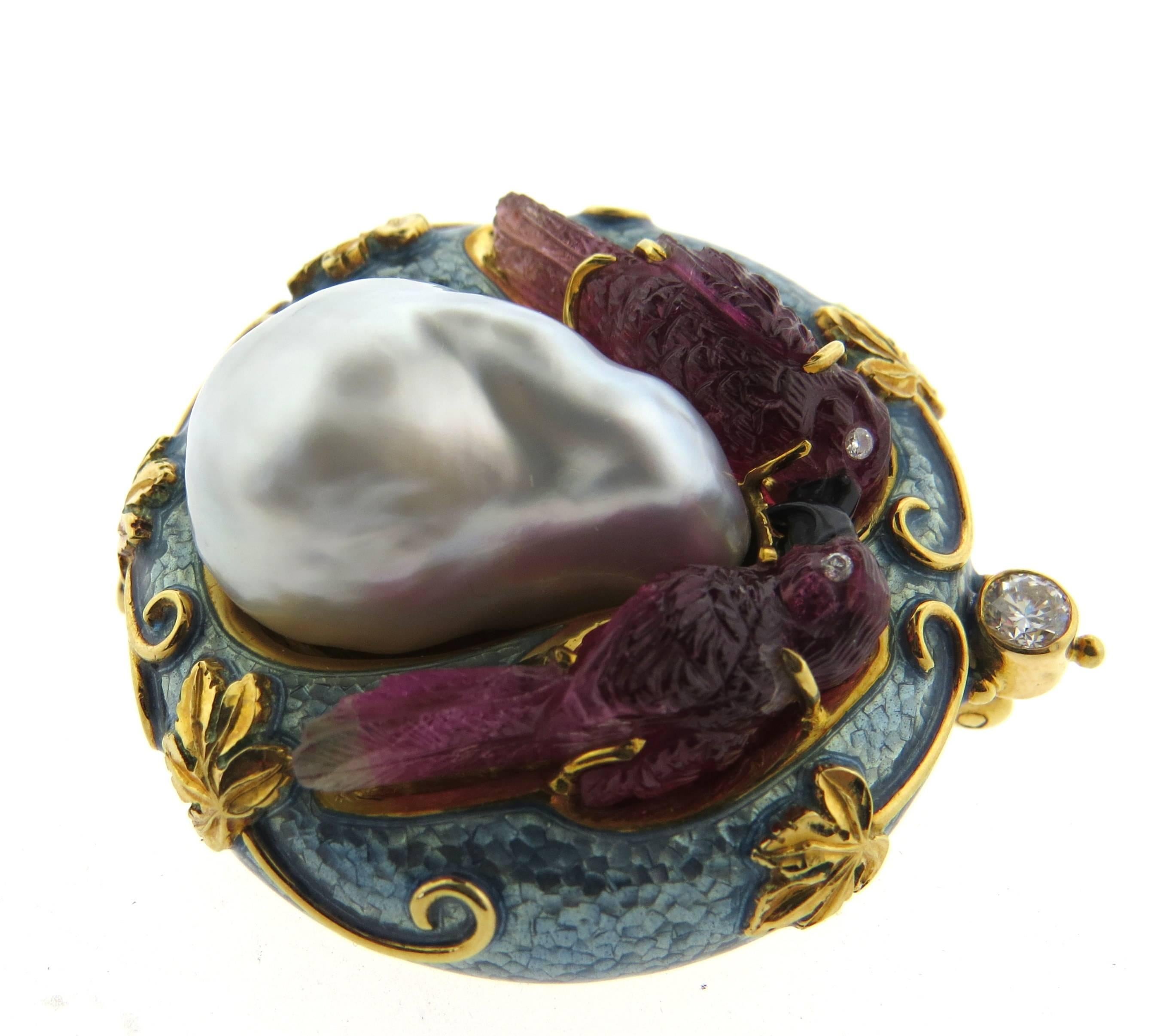 Women's Exquisite Elizabeth Gage Carved Gemstone Pearl Enamel Diamond Gold Brooch 