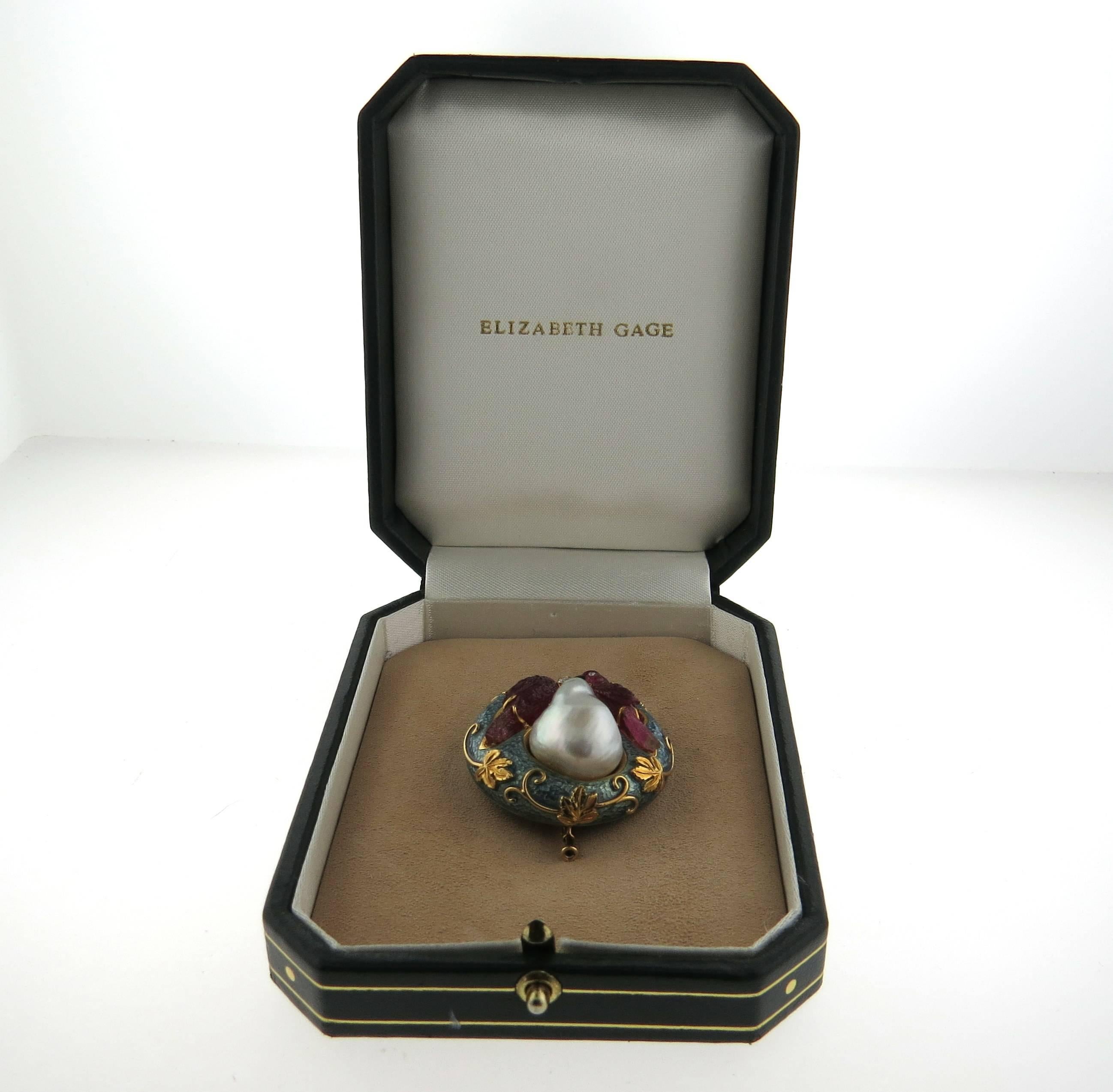 Exquisite Elizabeth Gage Carved Gemstone Pearl Enamel Diamond Gold Brooch  1