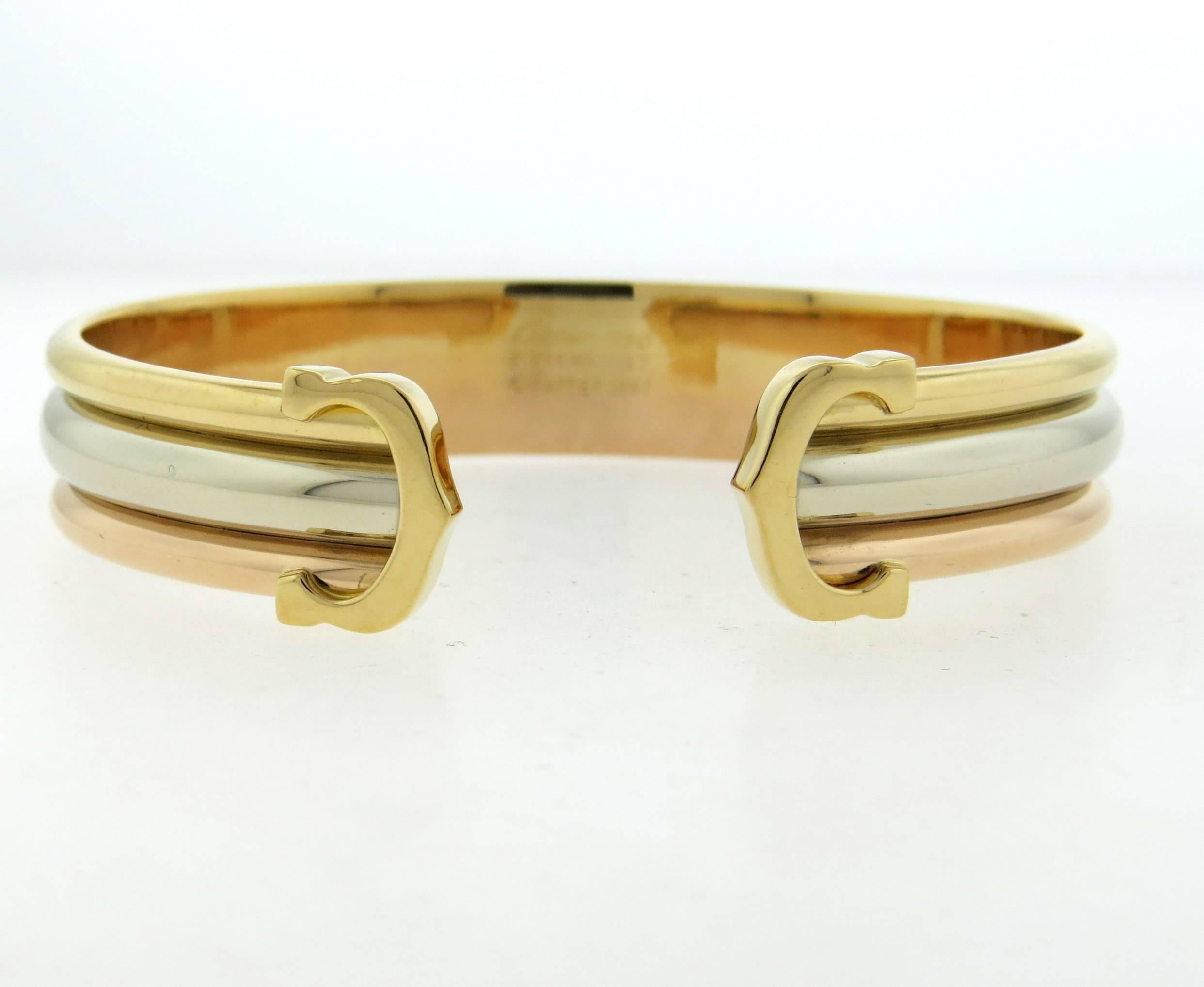 Classic Cartier Trinity Double C Tricolor Gold Cuff Bracelet  In Excellent Condition In Lambertville, NJ