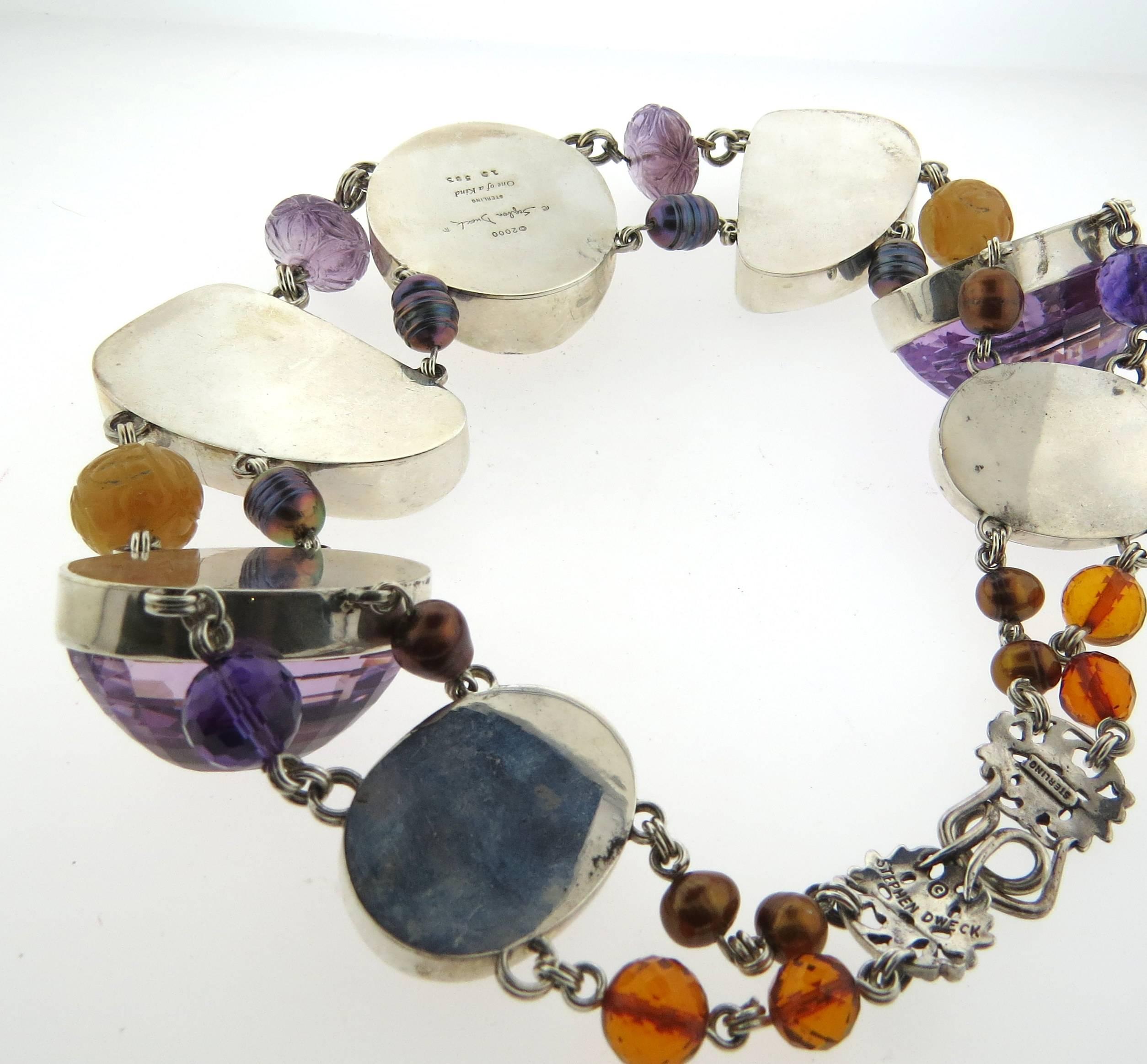 Large one of a kind sterling necklace, crafted by Stephen Dweck, featuring multi color semi precious gemstones, cameo and pearls. Necklace is 18