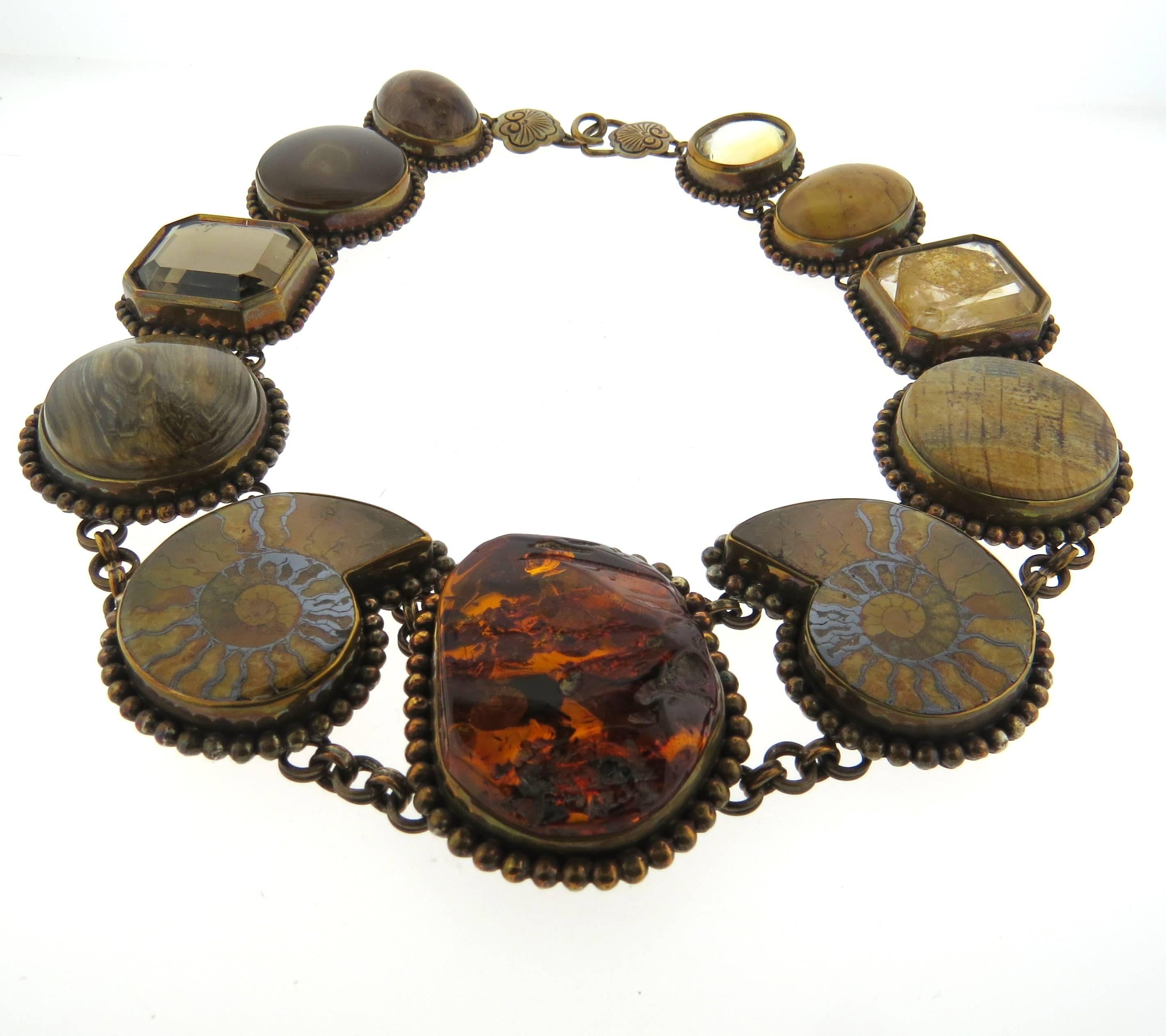 Large Stephen Dweck Bronze Multi Color Gemstone Fossil Necklace  In Excellent Condition In Lambertville, NJ