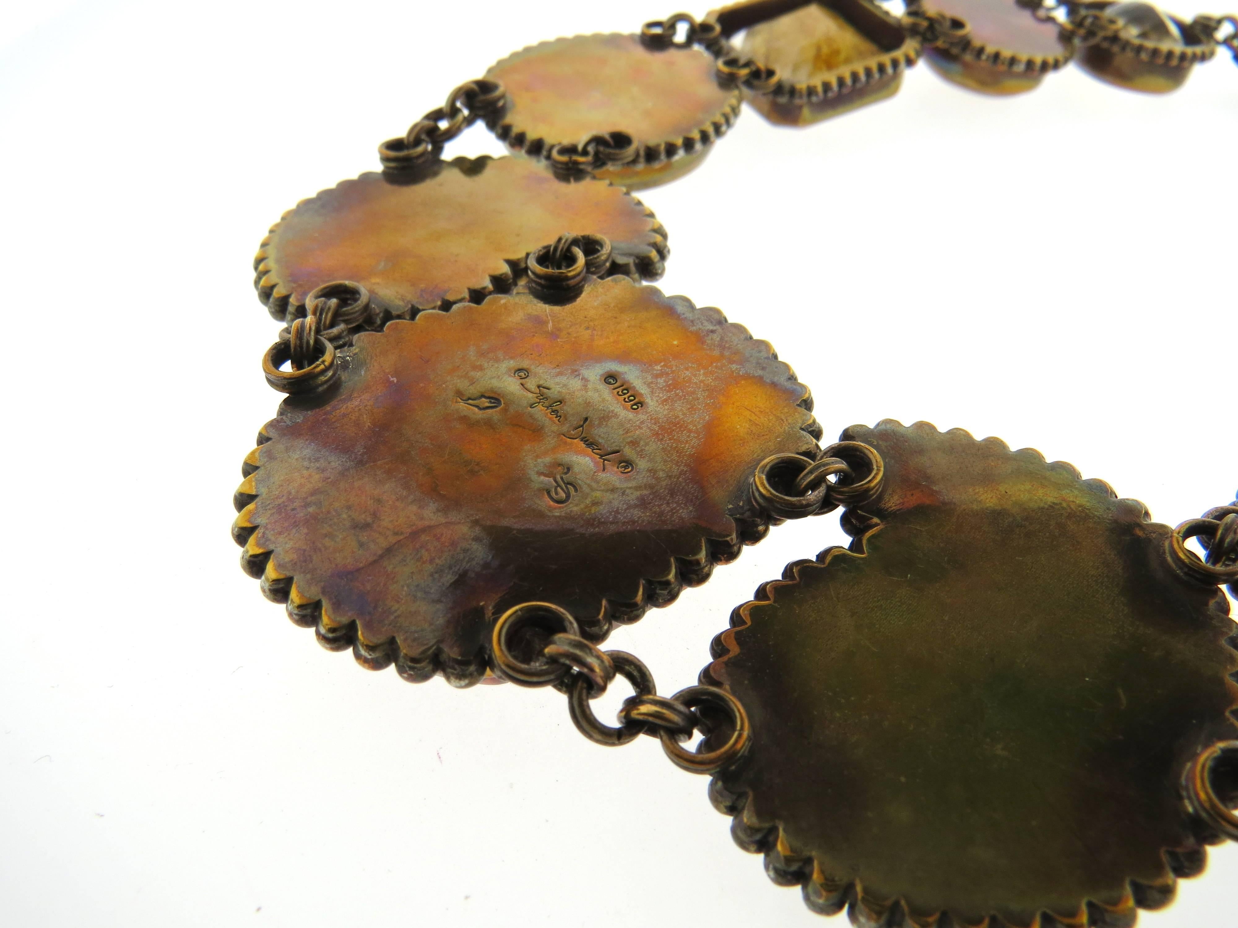 Women's Large Stephen Dweck Bronze Multi Color Gemstone Fossil Necklace 