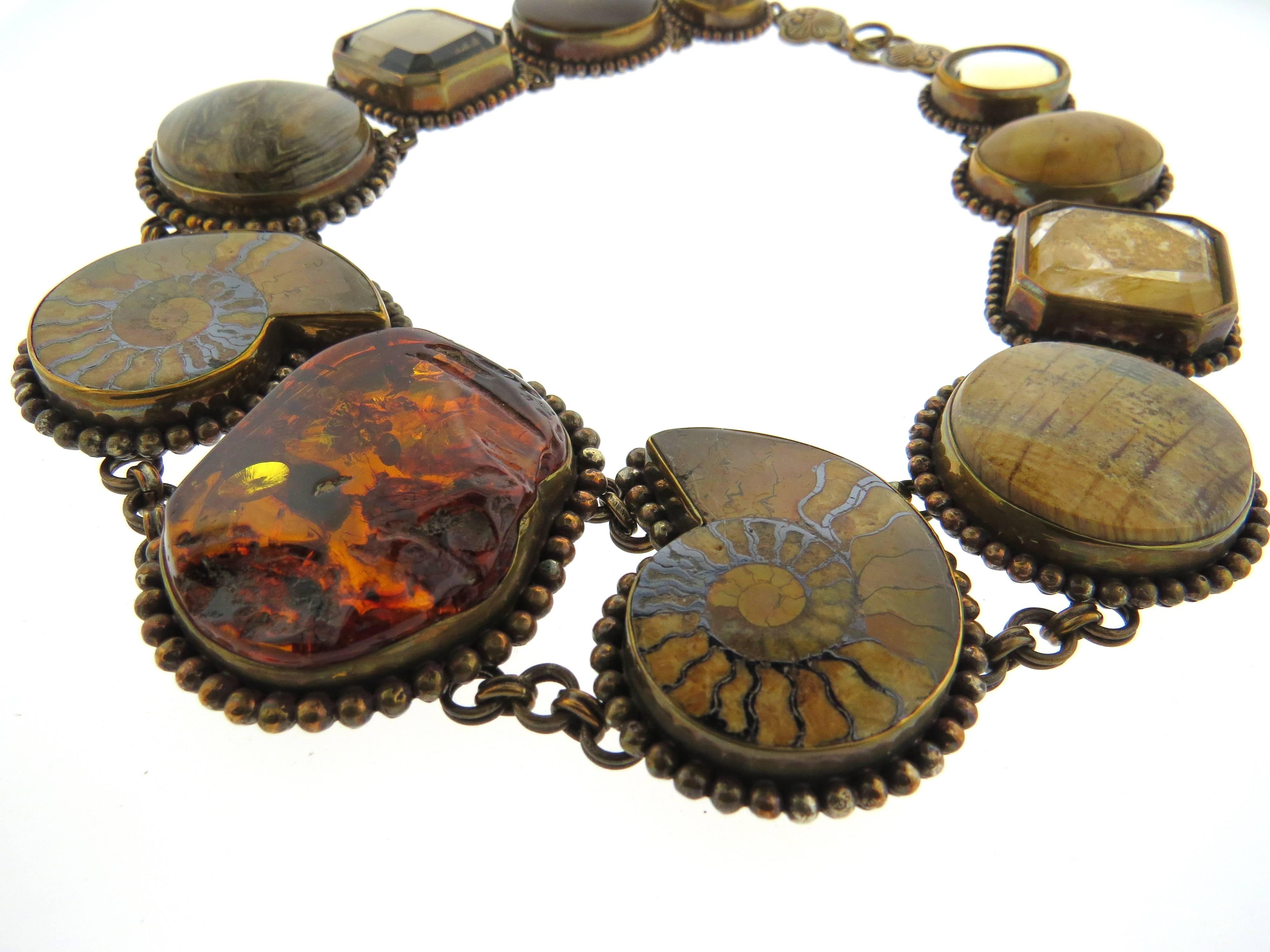 Large Stephen Dweck Bronze Multi Color Gemstone Fossil Necklace  1