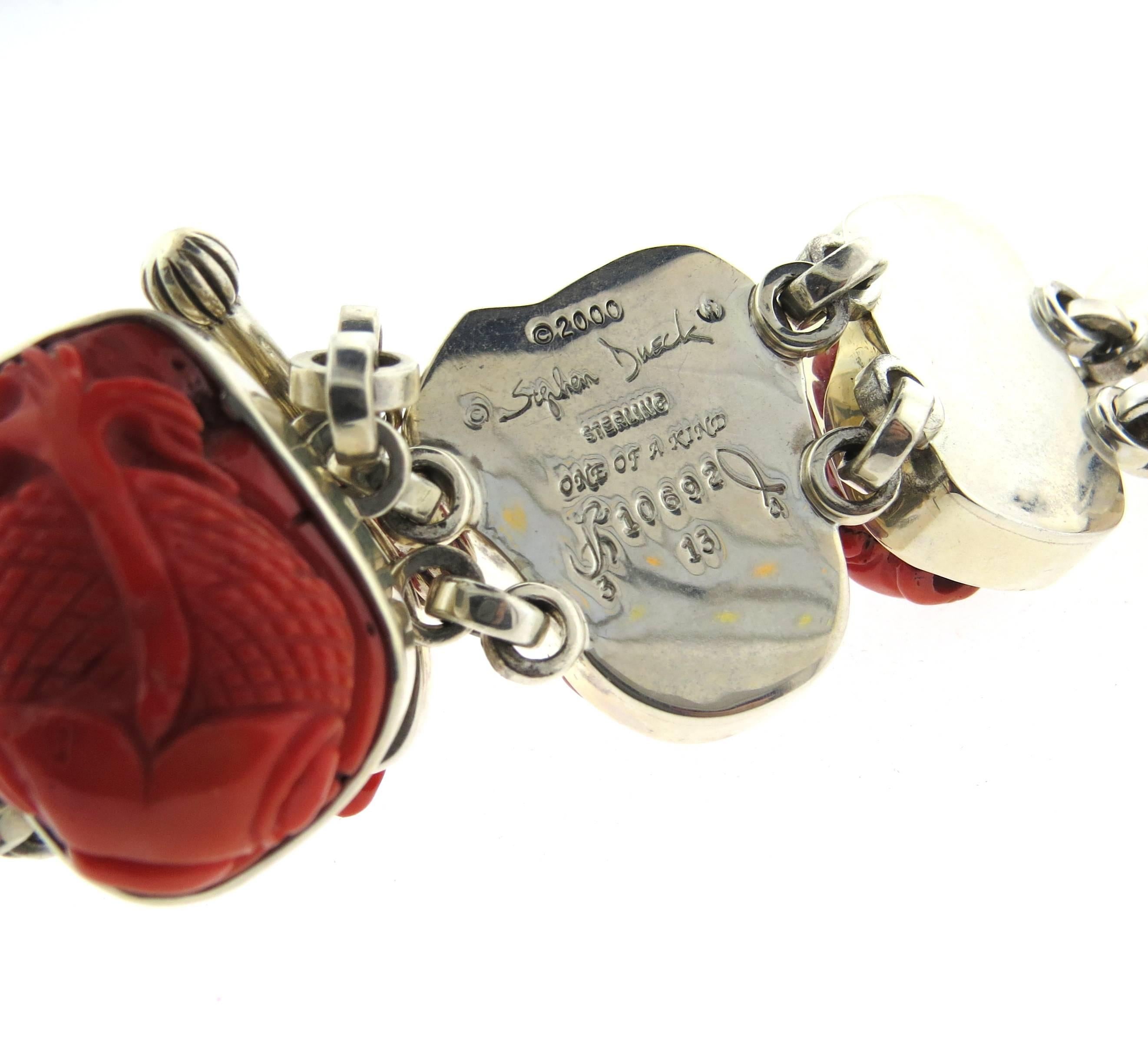 Women's 2000 Chunky Stephen Dweck Carved Coral Fish Sterling Toggle Bracelet 