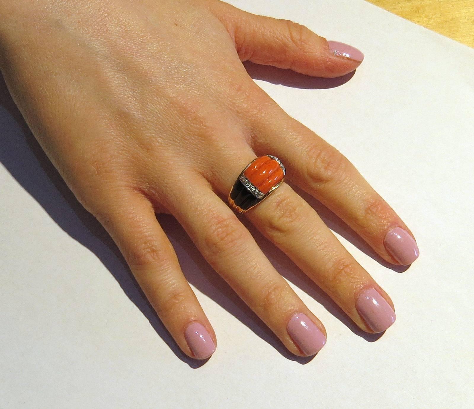 Women's Fine Carved Coral Onyx Diamond Gold Ring