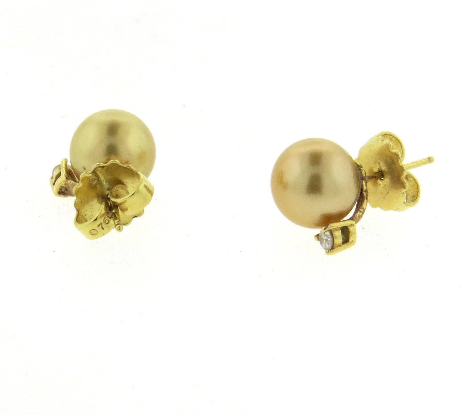 Classic Mikimoto Golden South Sea Pearl Diamond Gold Earrings In Excellent Condition In Lambertville, NJ