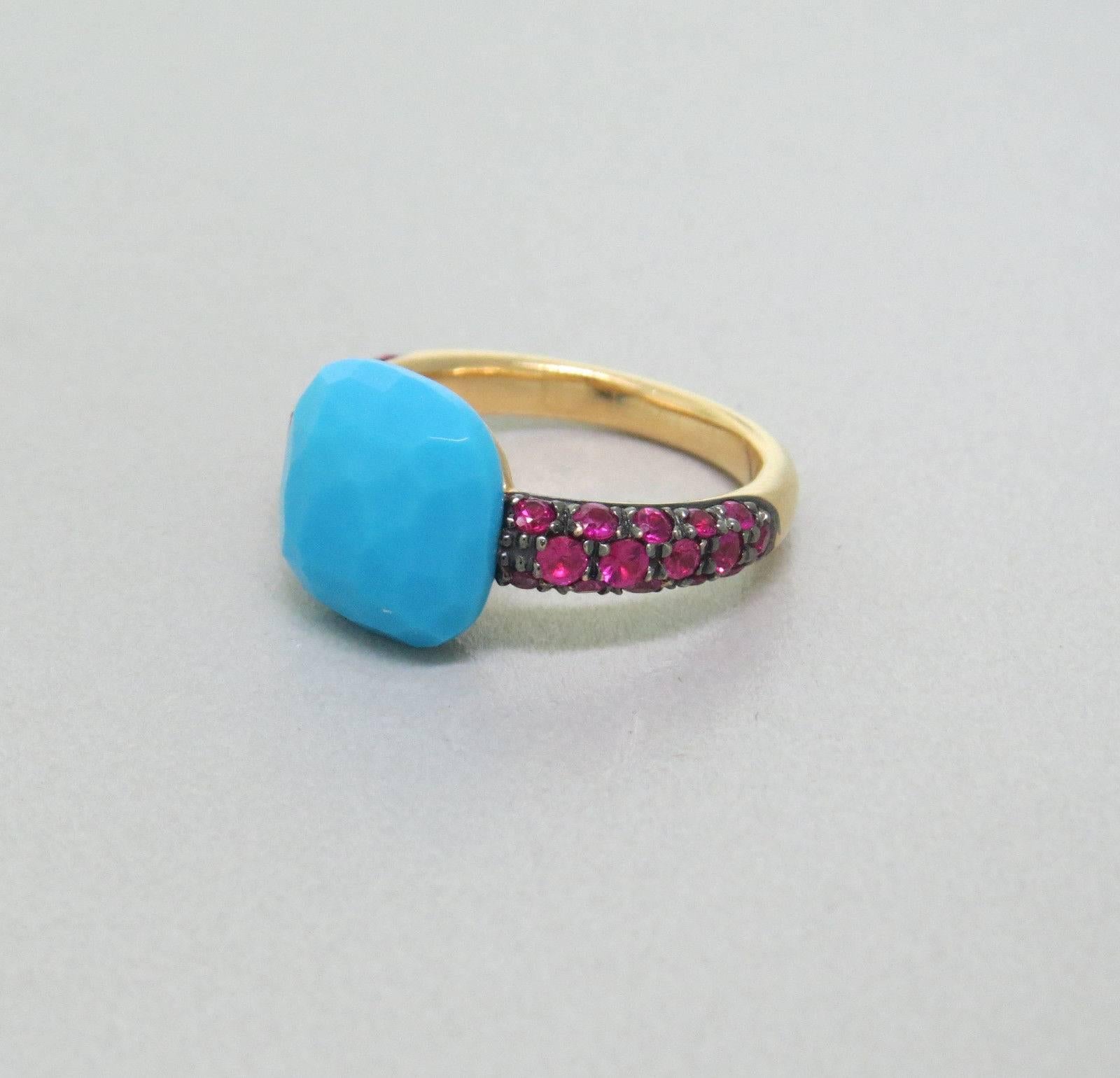 18k rose gold Capri ring, designed by Pomellato, set with turquoise and rubies. Ring size - 3 3/4, ring top is 11mm x 11.5mm. Weight of the piece - 5.4 grams 