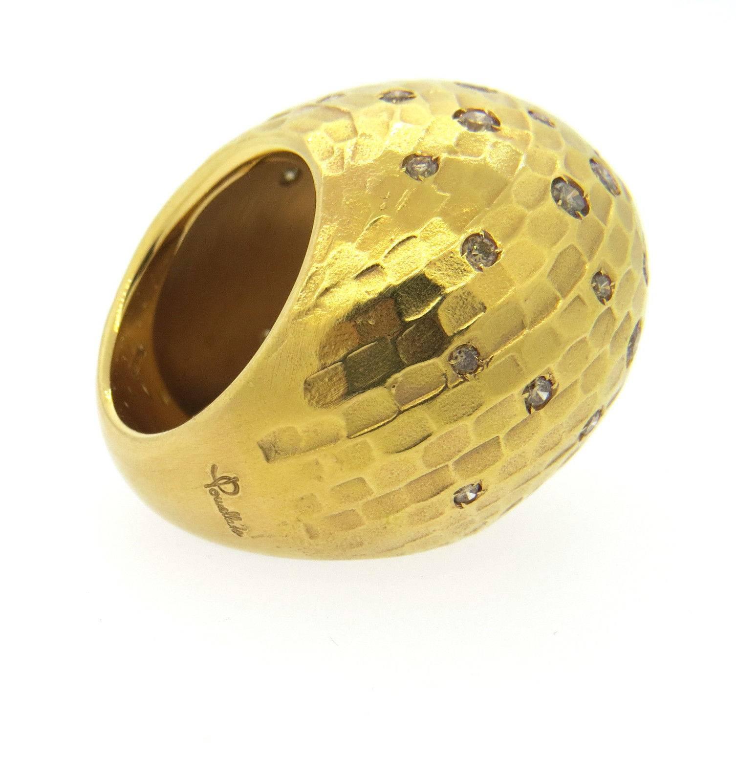 Large 18k yellow gold dome ring, crafted by Pomellato for Duna collection, decorated with approximately 1.56ctw in brown diamonds. The ring is a size 6.5- 7.  The Top of the ring is 26mm wide and sits 18mm from the finger. Weight of the piece - 40.9