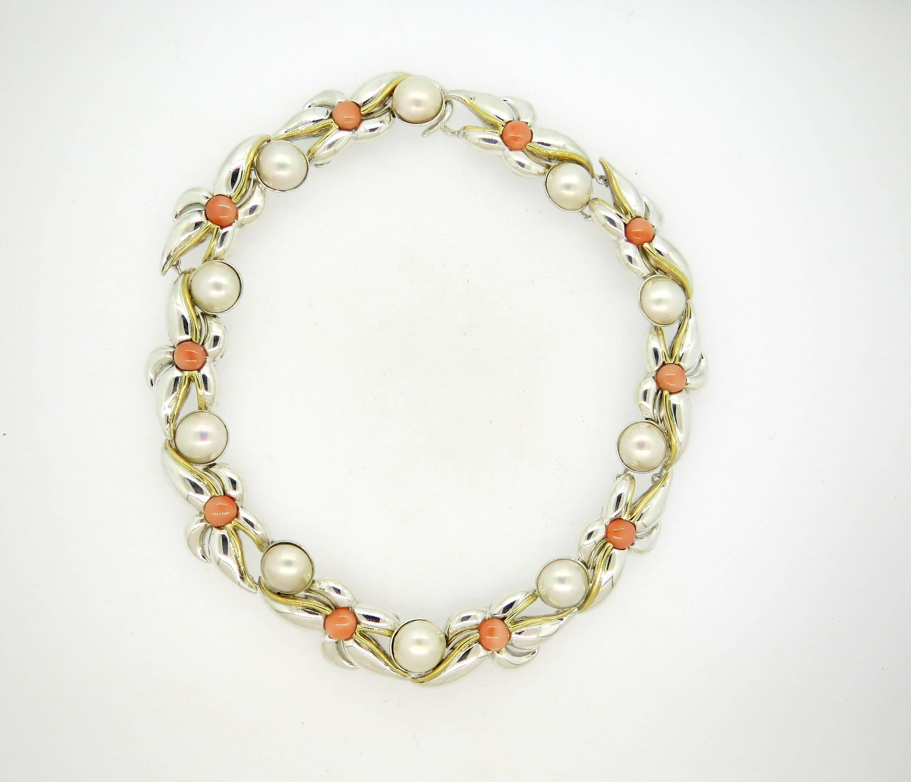 Women's 1990s Tiffany & Co. Sterling Gold Pearl Coral Necklace and Earrings Set 