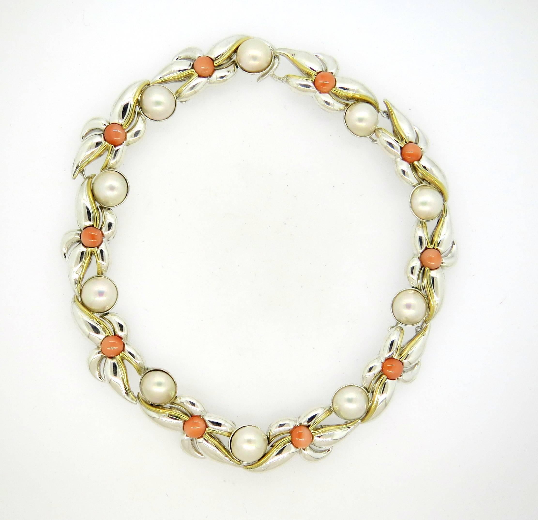 1990s Tiffany & Co. Sterling Gold Pearl Coral Necklace and Earrings Set  3