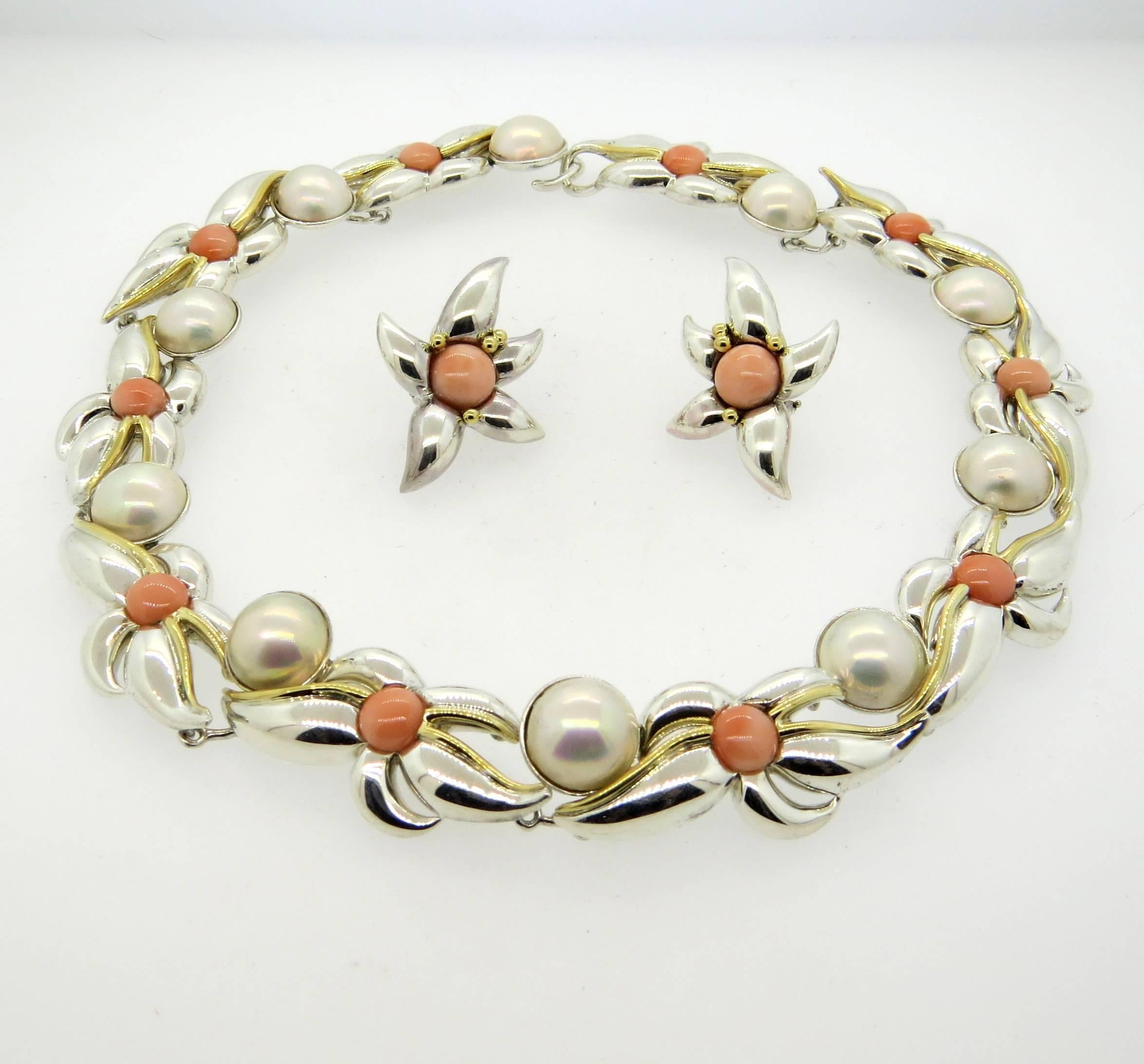 1990s Tiffany & Co. Sterling Gold Pearl Coral Necklace and Earrings Set  4
