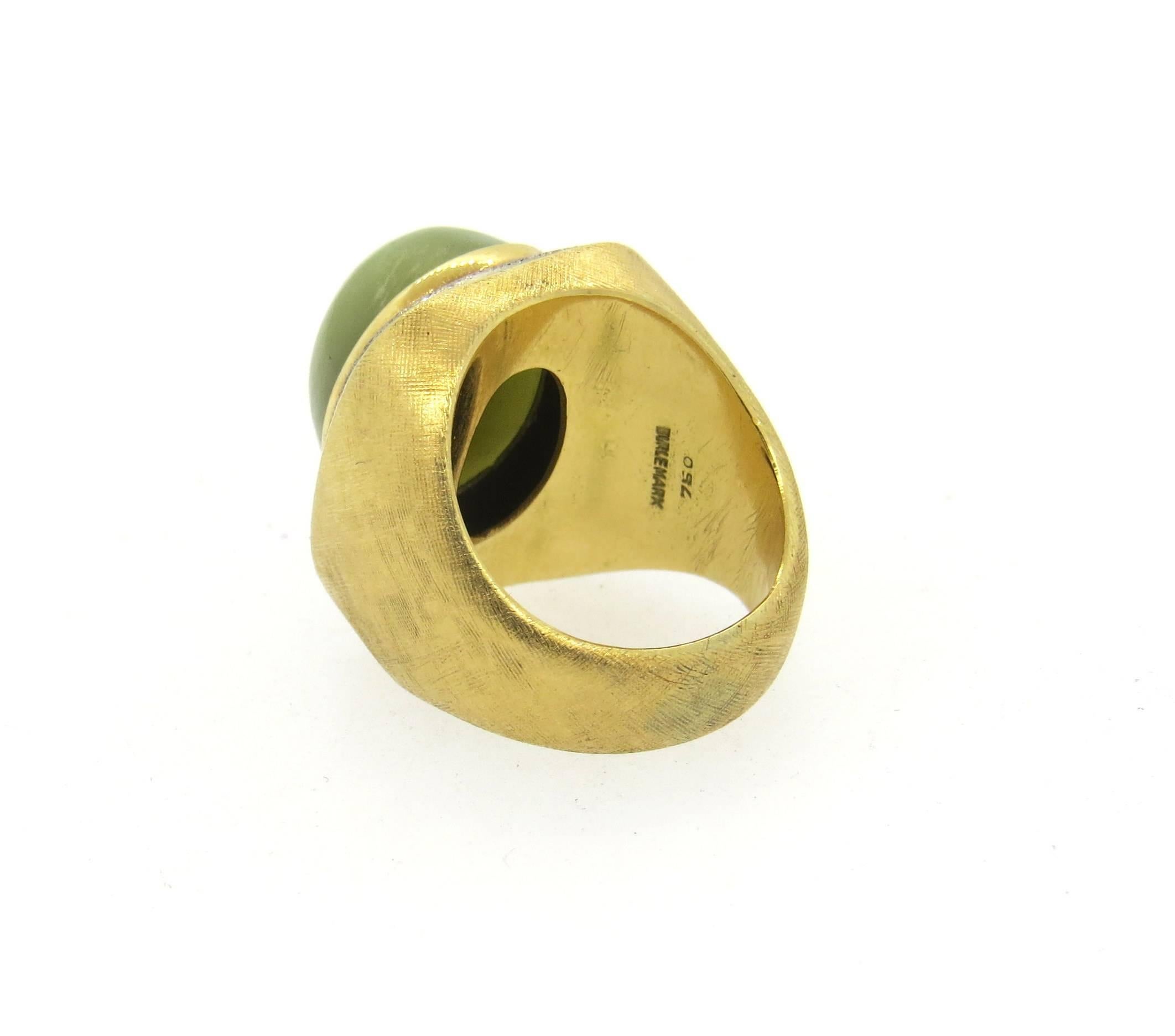 18k gold ring, crafted by Burle Marx, set with 16mm x 13mm green gemstone cabochon. Ring size 4 3/4, ring top is 19mm x 18mm. Marked: 750, Burle Marx . Weight of the piece - 11.9 grams 
