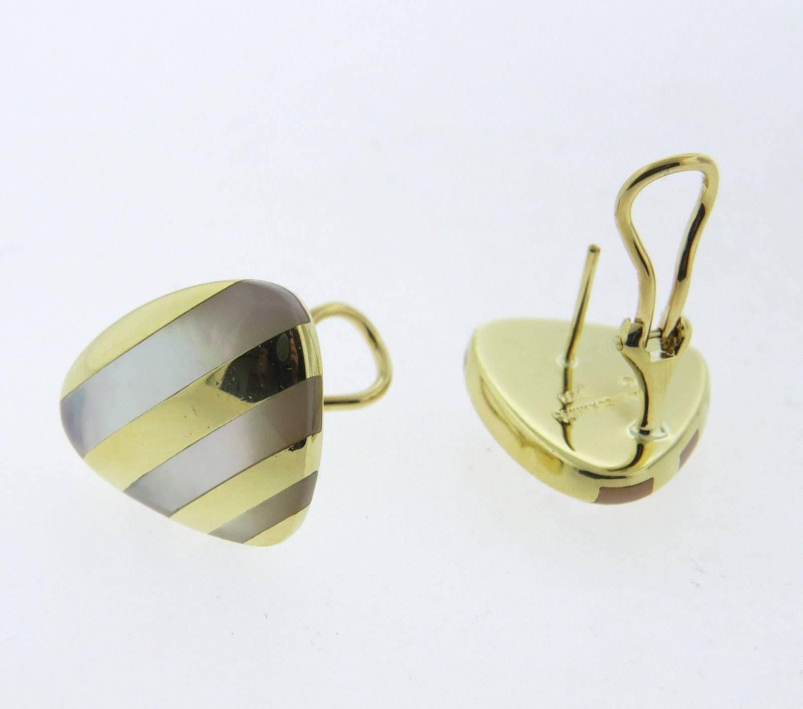 A pair of 18k gold mother of pearl inlay earrings by Angela Cummings.  The earrings measure 22mm x 18mm and weigh	12.8 grams.  Marked: Angela Cummings, 750