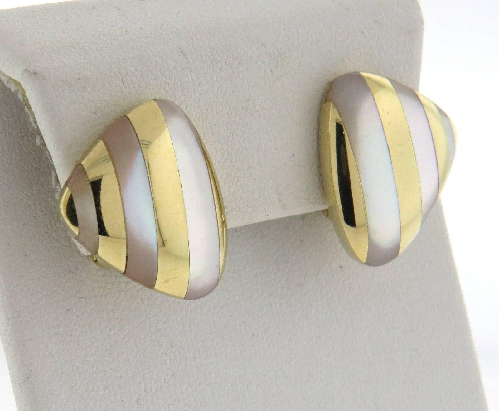Angela Cummings Mother of Pearl Inlay Gold Earrings In Excellent Condition In Lambertville, NJ