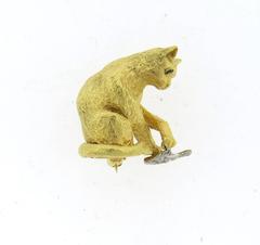 1991 Tiffany & Co. Emerald Diamond Gold Cat and Fish Brooch Pin