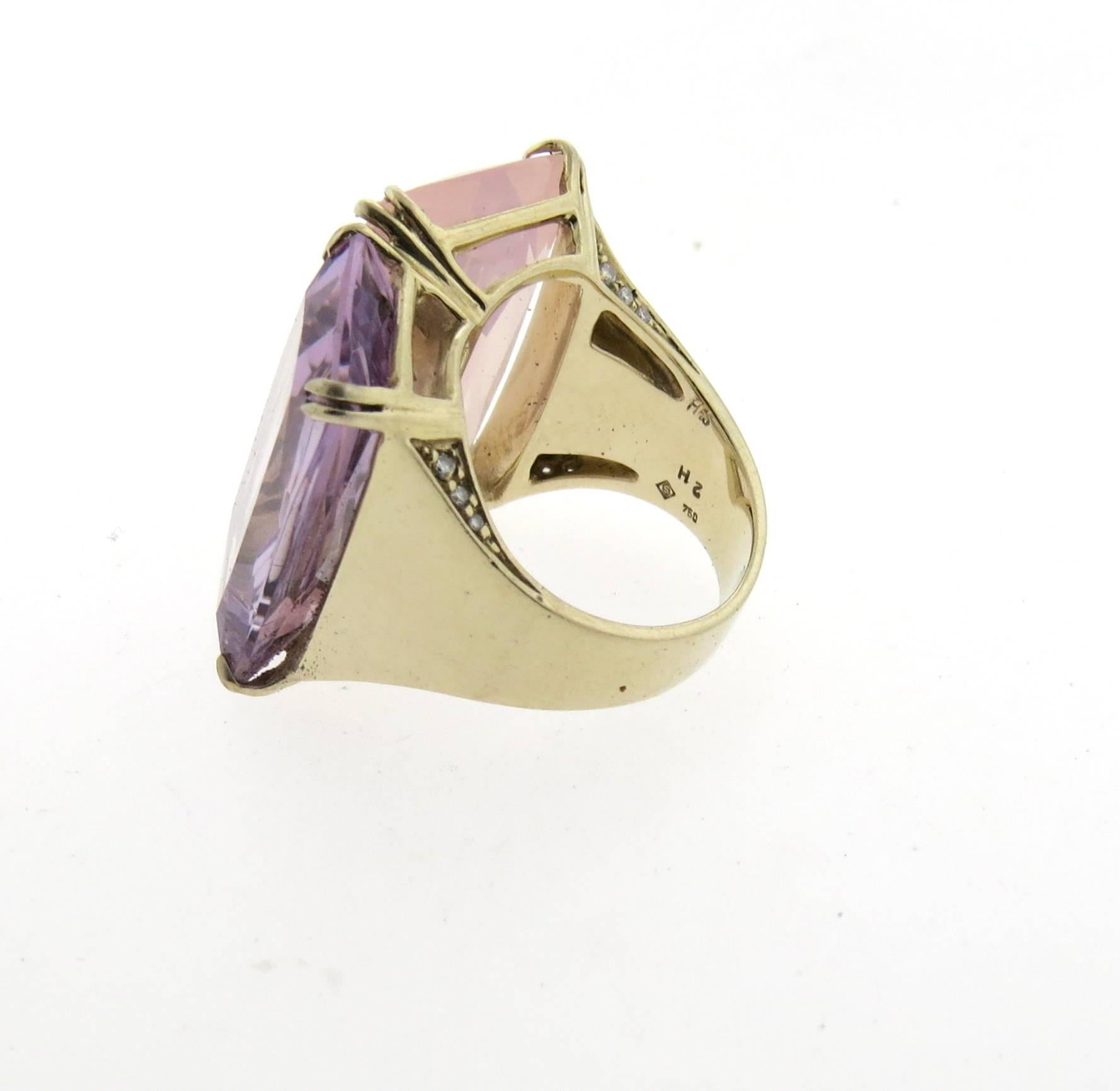 Impressive large 18k gold ring, crafted by H.Stern for iconic Cobblestone collection, featuring diamonds on sides, amethyst and rose quartz. Ring size 7 1/2, ring top is 25.5mm x 25mm and weighs 24.8 grams. Marked:2 H, 750, S mark, signature Star 