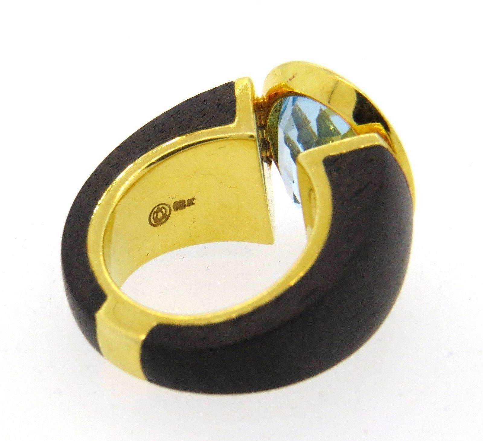 Women's or Men's Lotus Arts de Vivre Wood Blue Topaz Gold Ring