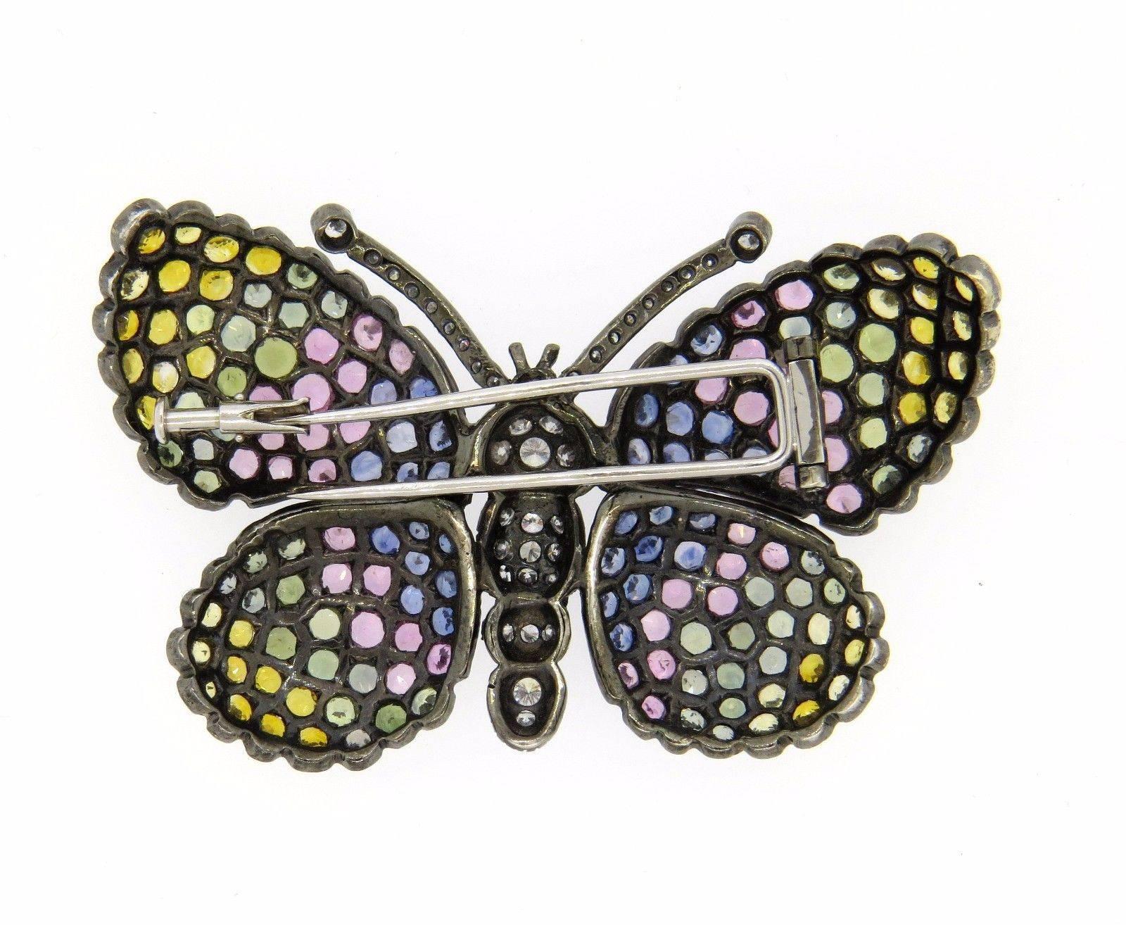 Multi Color Sapphire Diamond Gold Butterfly Brooch Pin In Excellent Condition In Lambertville, NJ