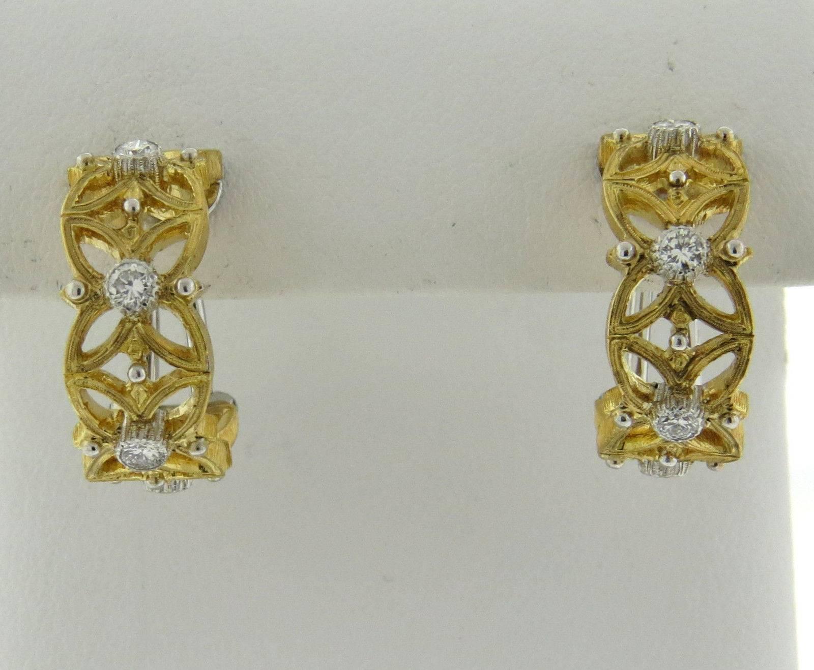 Round Cut Buccellati Two Tone Gold Diamond Hoop Earrings