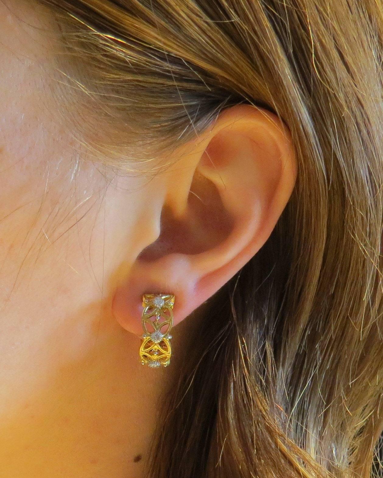 Buccellati Two Tone Gold Diamond Hoop Earrings In Excellent Condition In Lambertville, NJ