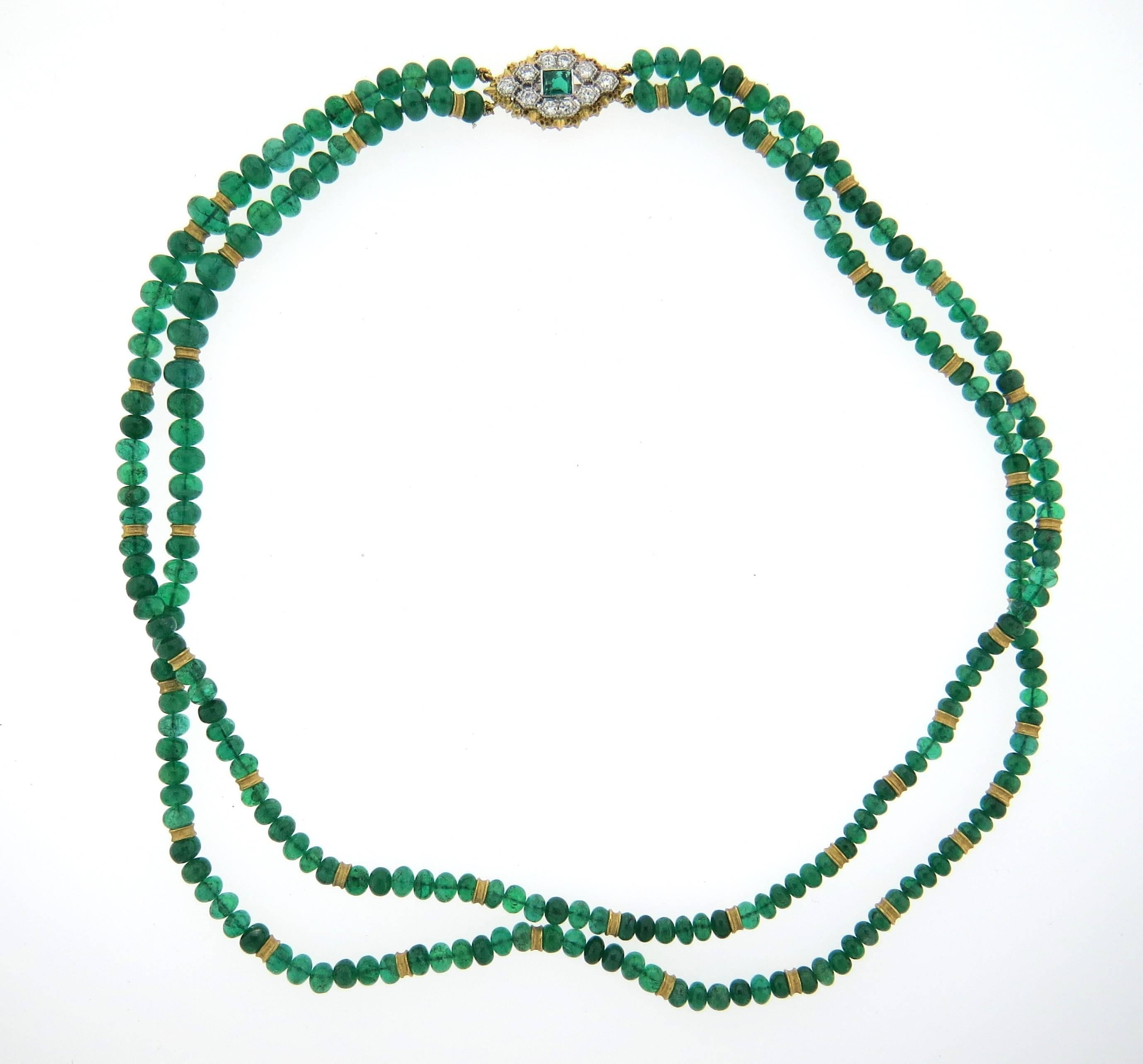 Buccellati Emerald Diamond Gold Bead Two Strand Necklace  In Excellent Condition In Lambertville, NJ