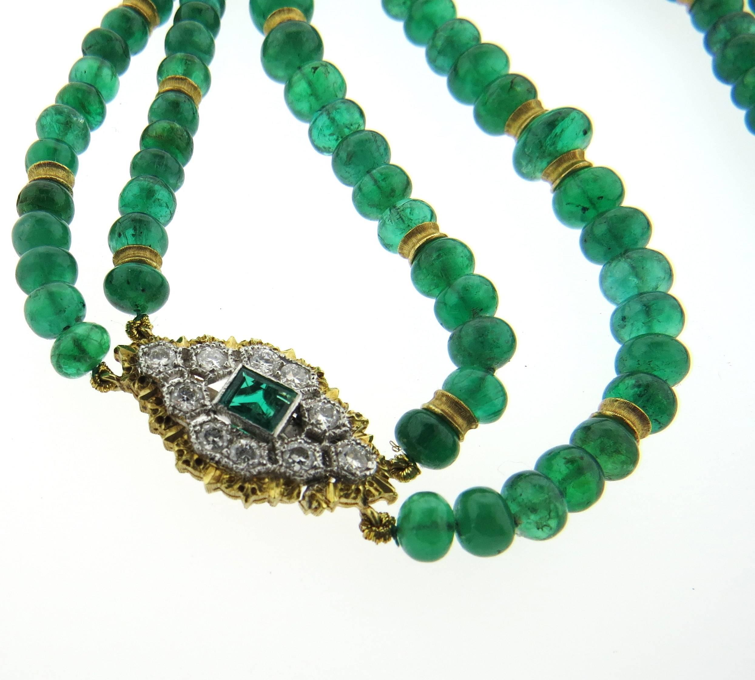 Women's Buccellati Emerald Diamond Gold Bead Two Strand Necklace 