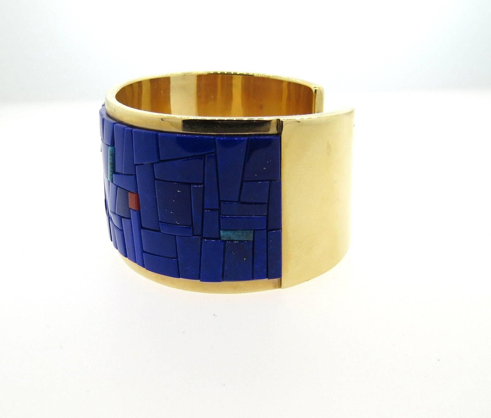 Richard Chavez Native American Wide Lapis Coral Turquoise Gold Bracelet In Excellent Condition In Lambertville, NJ
