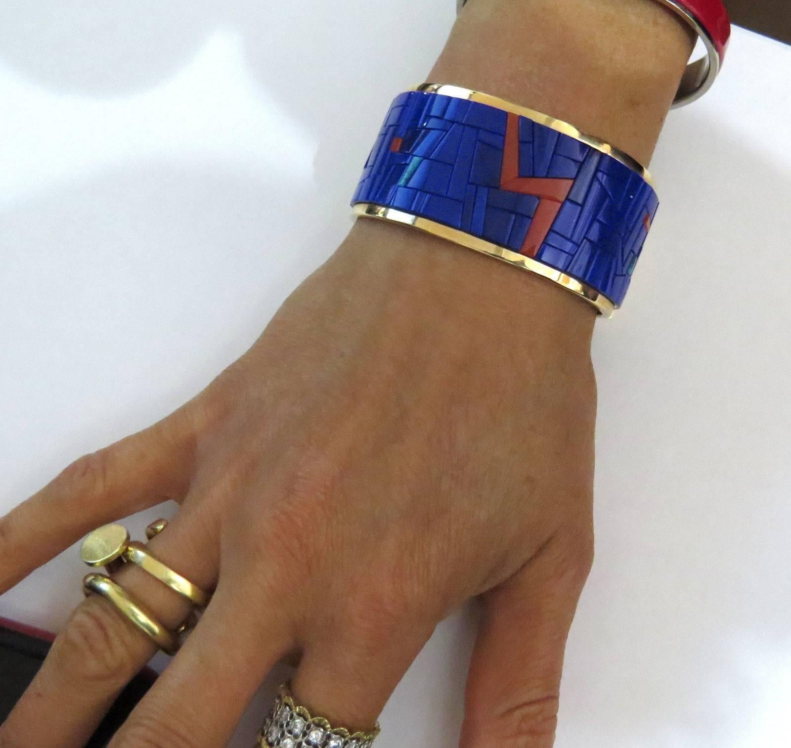 Women's or Men's Richard Chavez Native American Wide Lapis Coral Turquoise Gold Bracelet