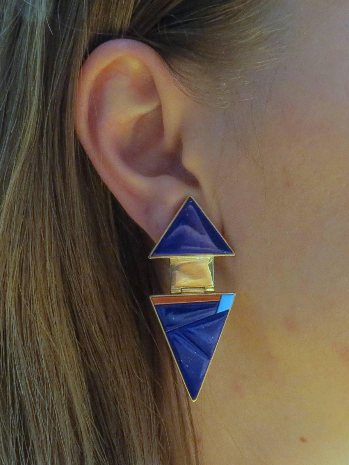 Richard Chavez Native American Lapis Turquoise Coral Gold Drop Earrings In Excellent Condition In Lambertville, NJ