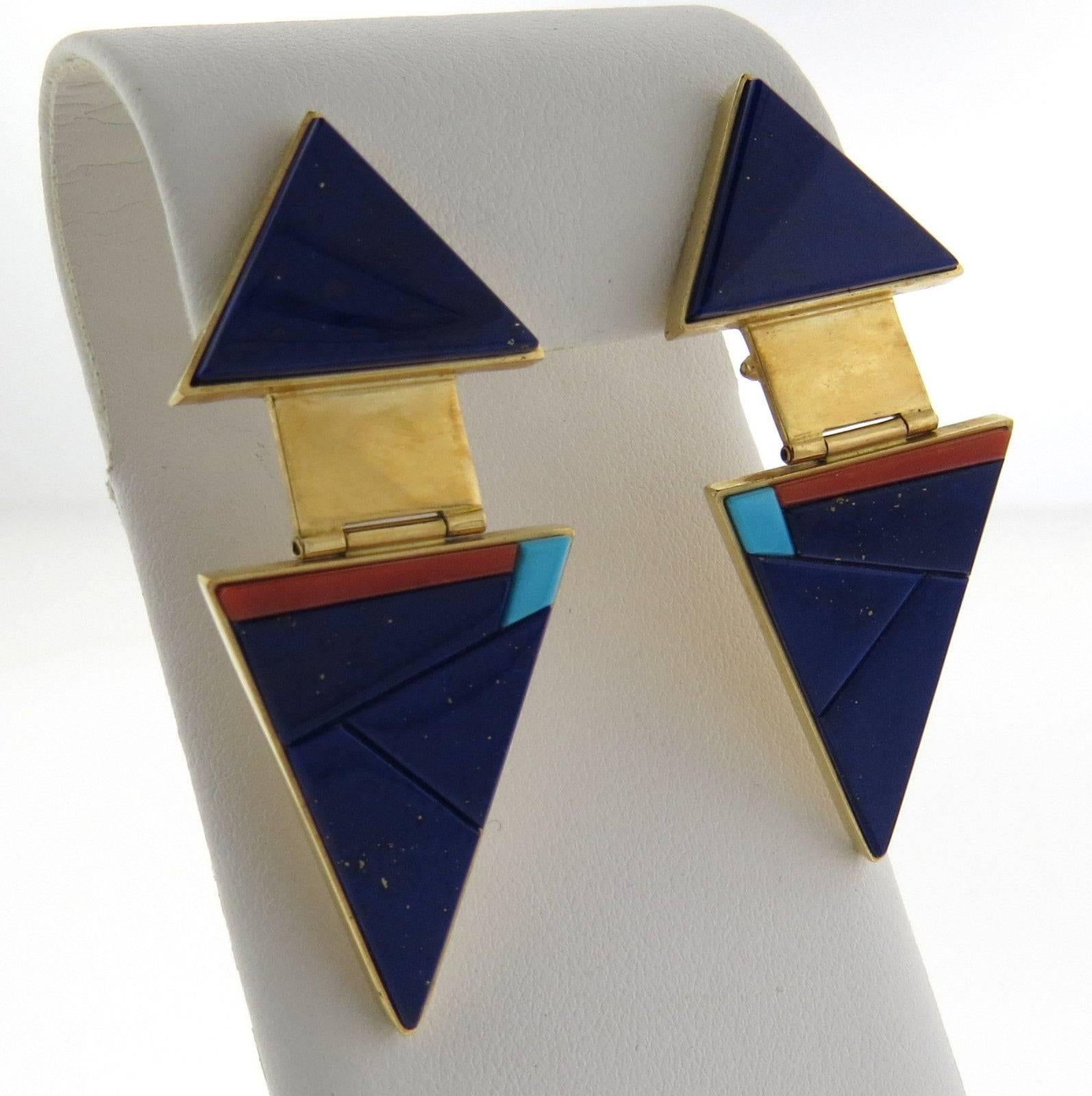 Women's Richard Chavez Native American Lapis Turquoise Coral Gold Drop Earrings