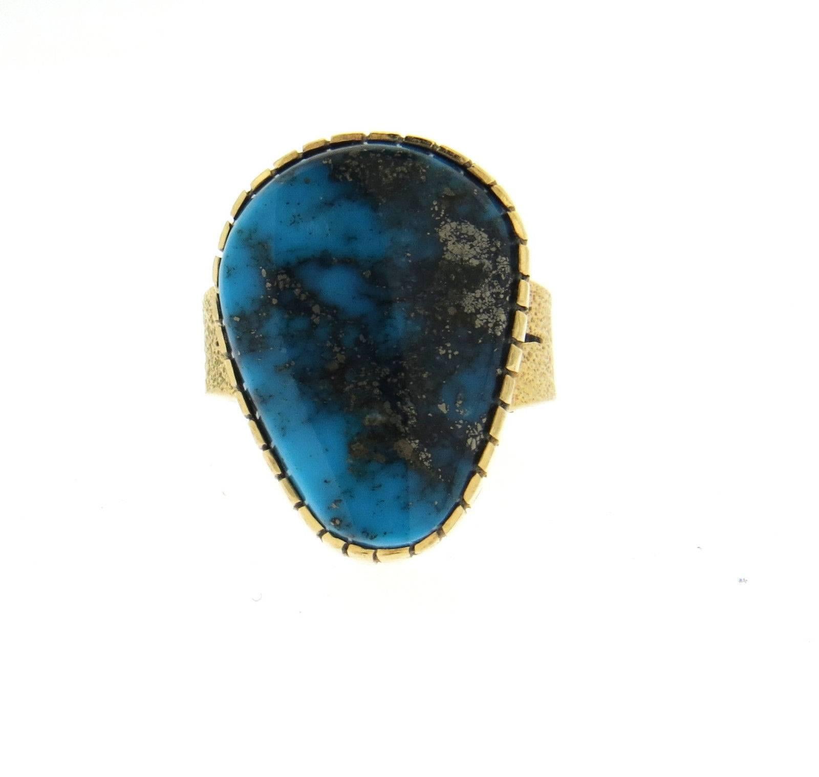 Gail Bird and Yazzie Johnson Native American Navajo Turquoise Gold Ring In Excellent Condition In Lambertville, NJ