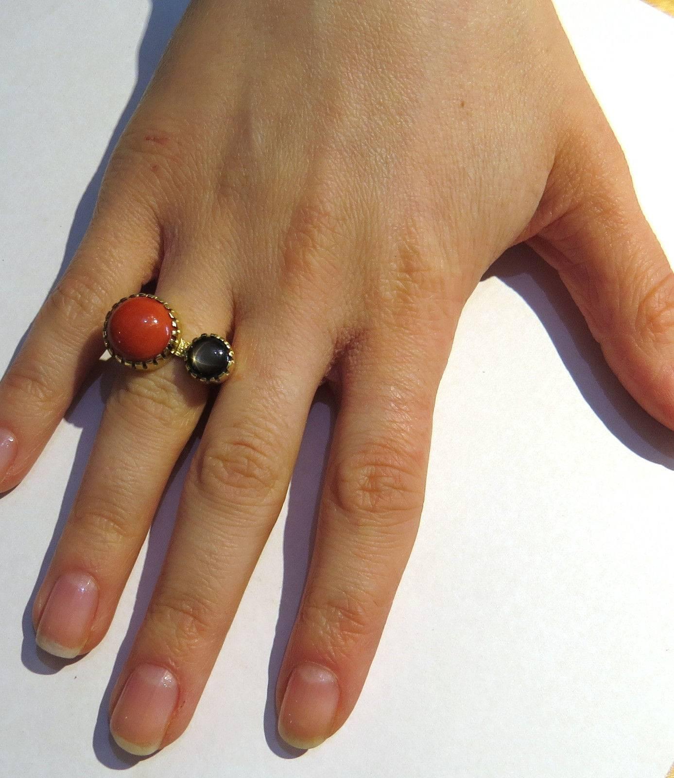 Women's Native American Gail Bird and Yazzie Johnson Navajo Coral Sapphire Gold Ring