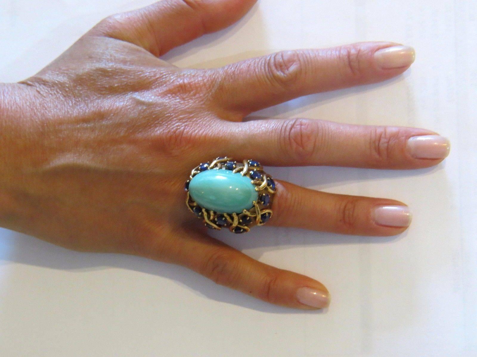 1960s David Webb Turquoise Sapphire Gold Dome Ring In Excellent Condition In Lambertville, NJ