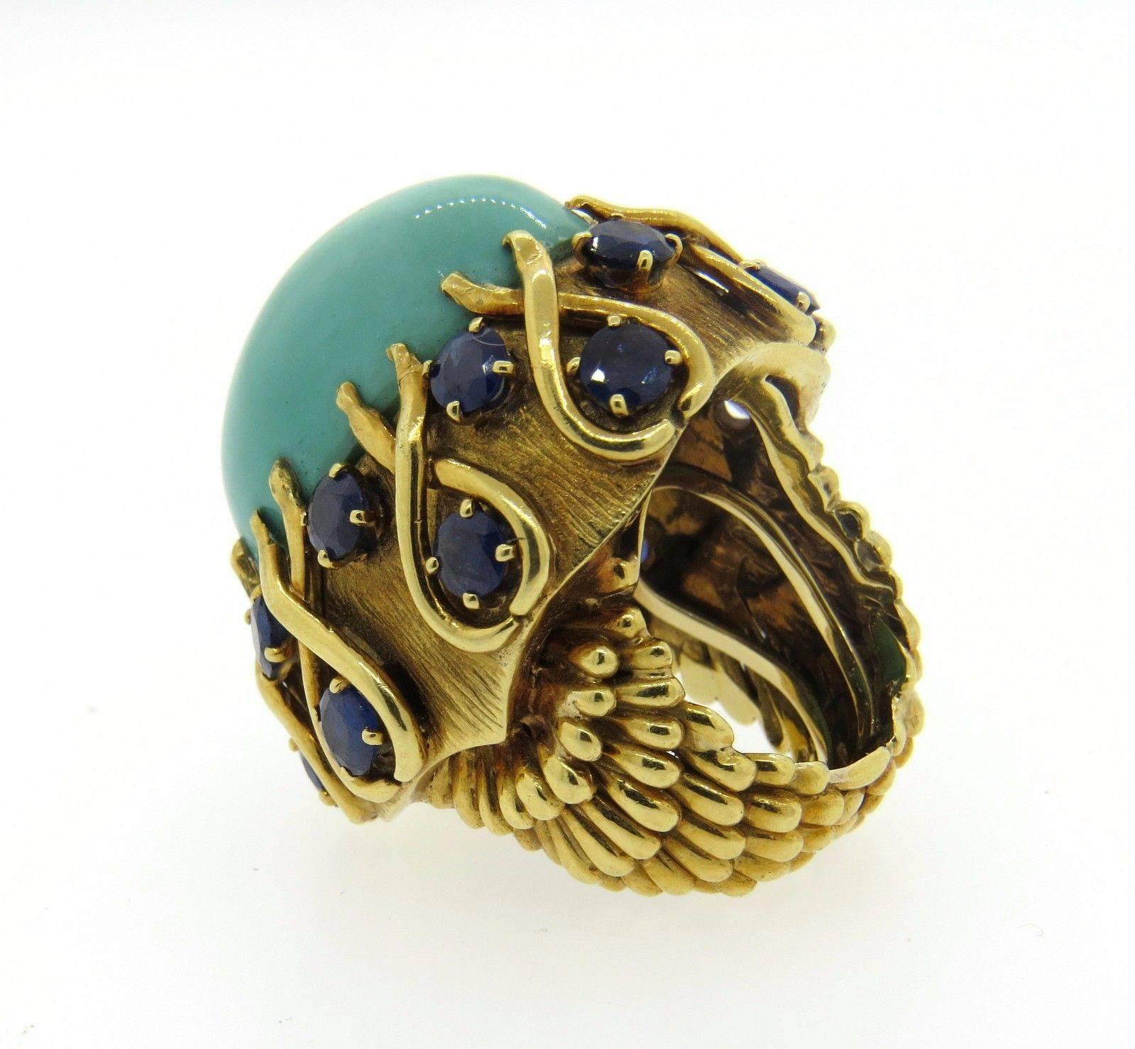 1960s David Webb Turquoise Sapphire Gold Dome Ring 1
