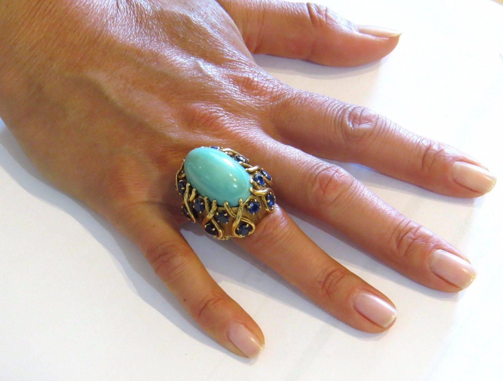 Women's 1960s David Webb Turquoise Sapphire Gold Dome Ring