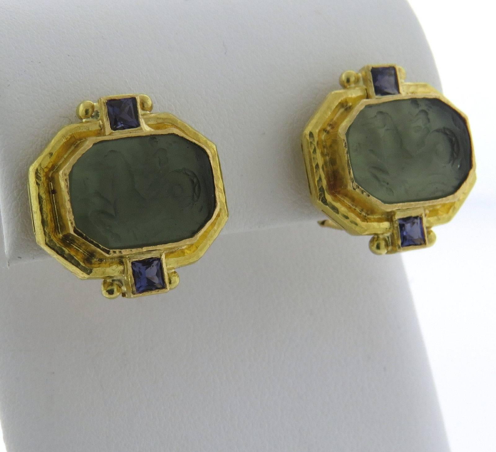 Elizabeth Locke Gold Venetian Glass Intaglio Iolite Gold Earrings In Excellent Condition In Lambertville, NJ