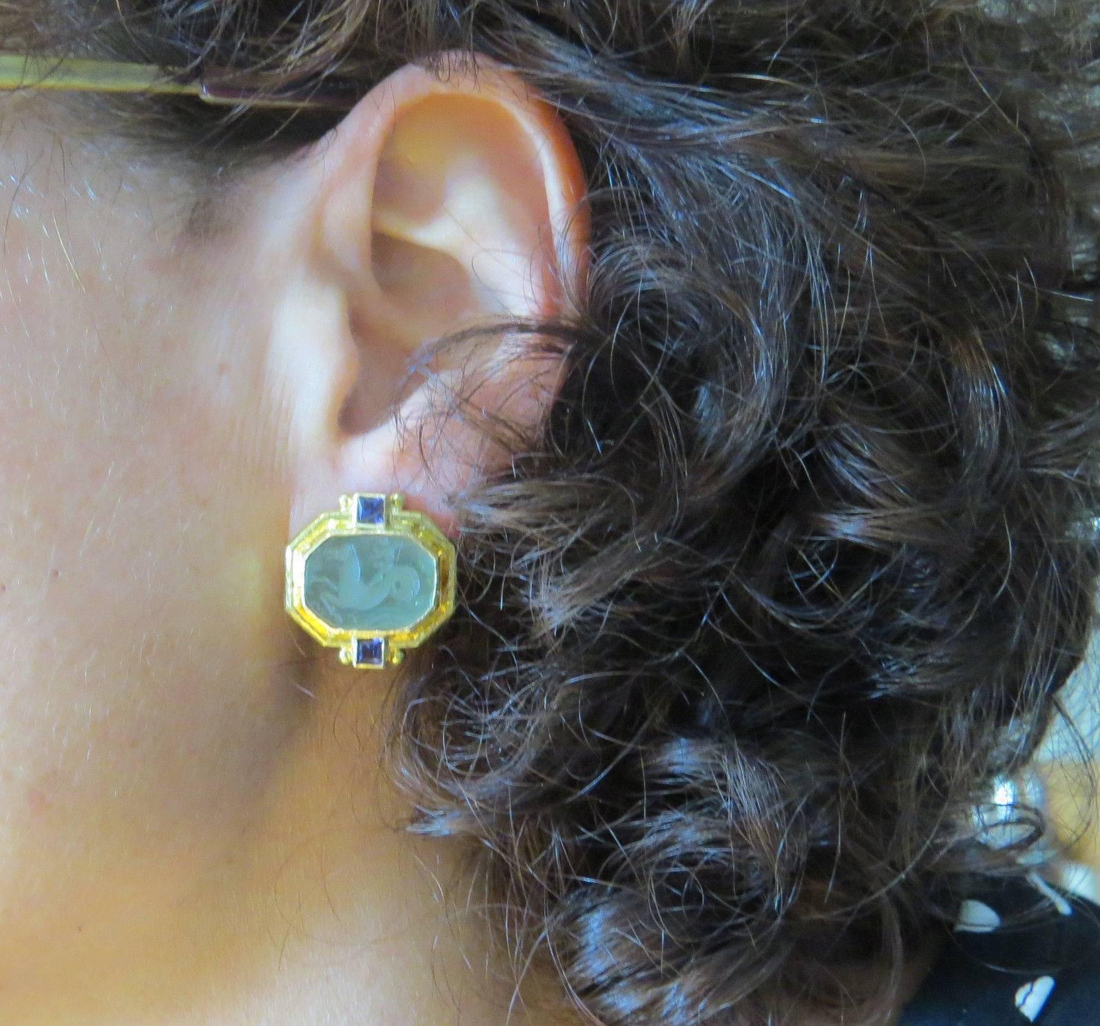 Women's Elizabeth Locke Gold Venetian Glass Intaglio Iolite Gold Earrings