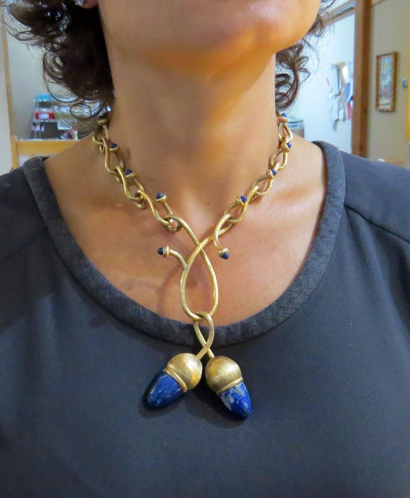 Women's 1960s Italian Sodalite Gold Acorn Necklace