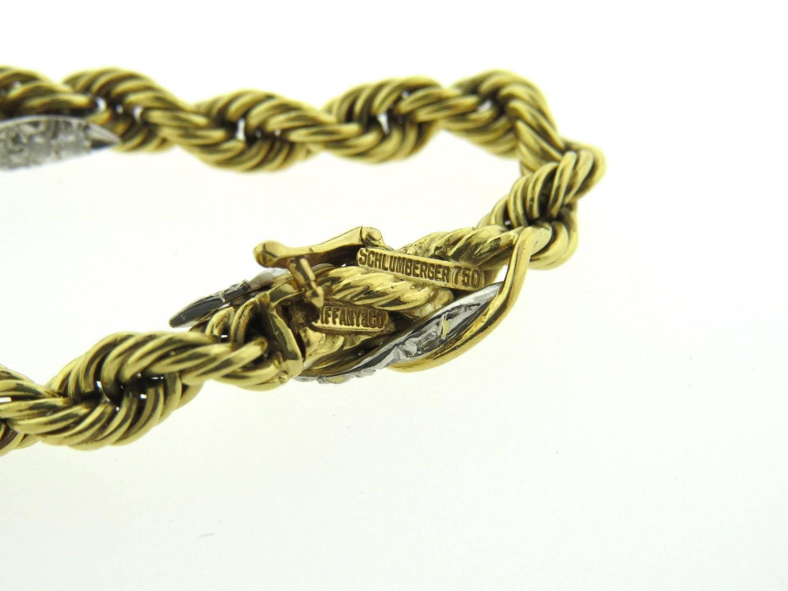 Tiffany & Co. Schlumberger Diamond Gold Platinum Leaf Rope Motif Bracelet In Excellent Condition In Lambertville, NJ