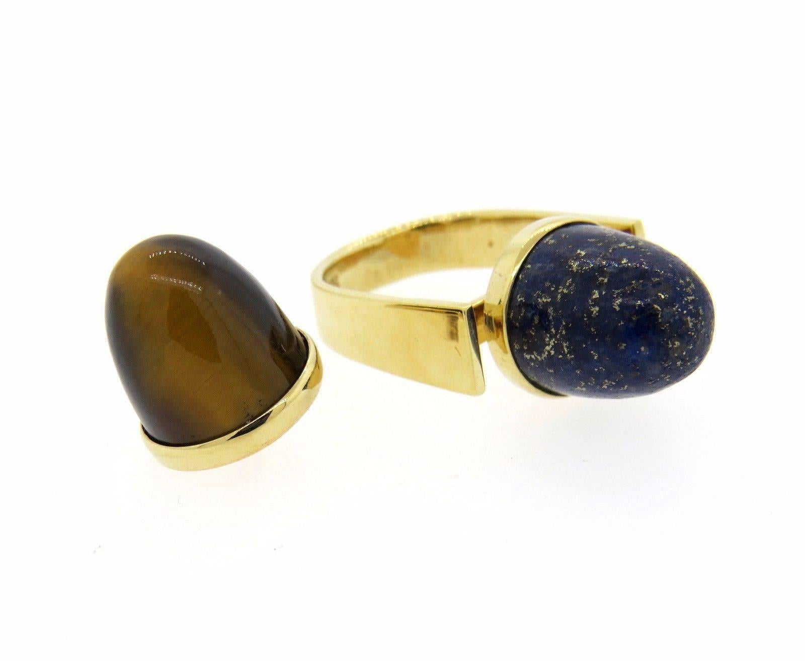 1970s Gold Lapis Tiger's Eye Interchangeable Bullet Ring In Excellent Condition In Lambertville, NJ