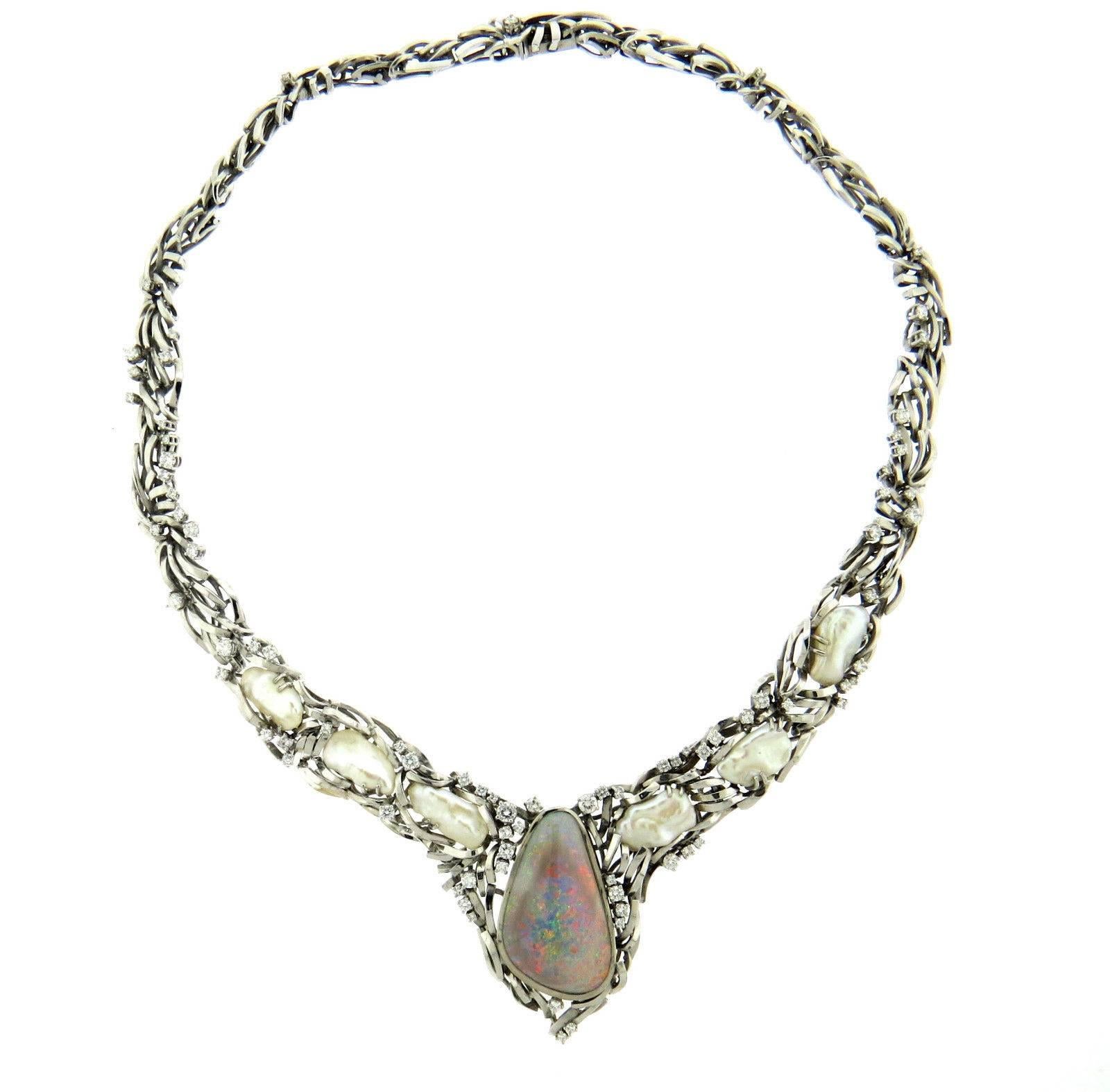 1970s Magnificent Baroque Pearl Opal Diamond Gold Necklace