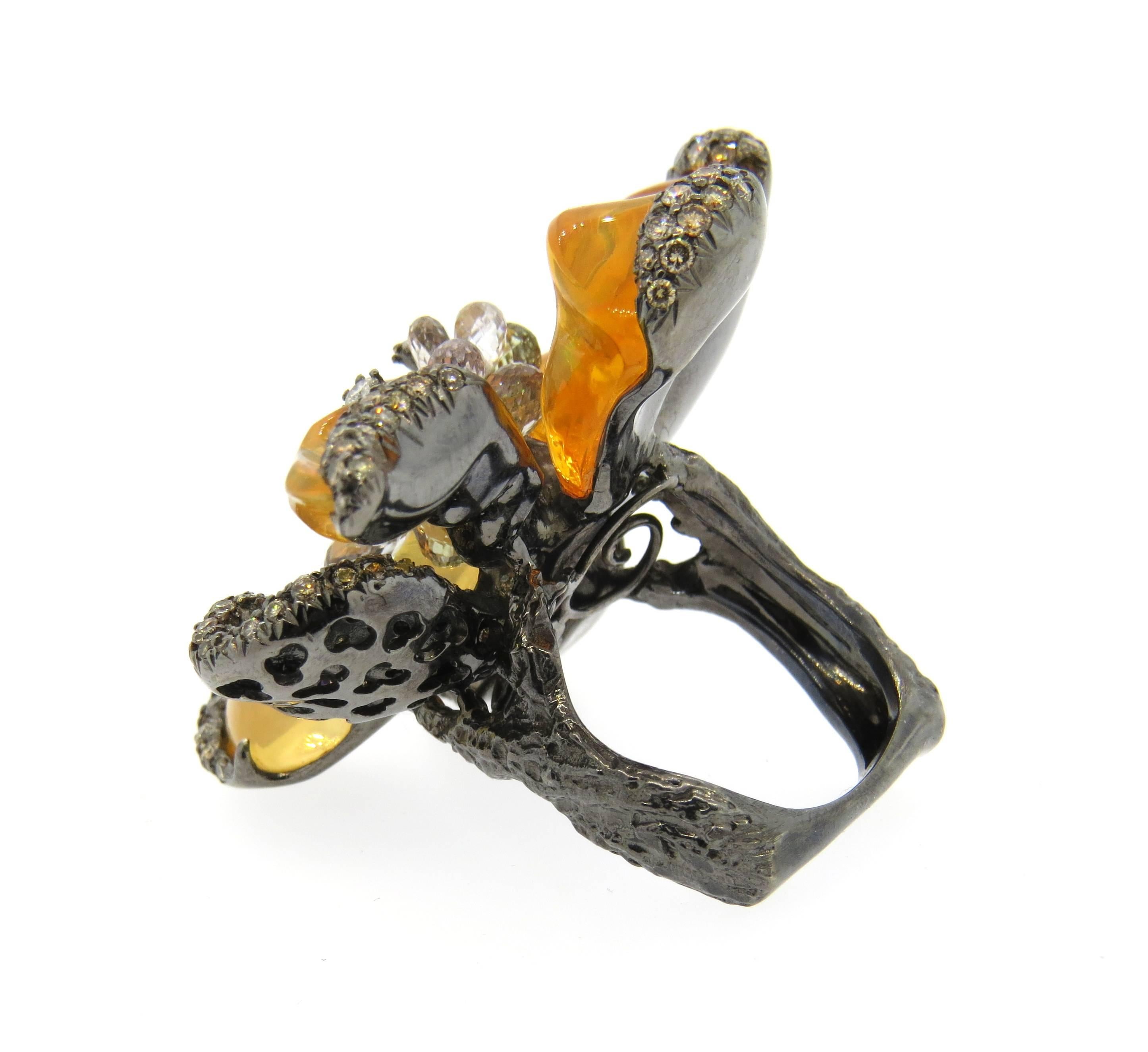 Impressive Arunashi Fire Opal Sapphire Diamond Gold Large Wild Orchid Ring In Excellent Condition In Lambertville, NJ