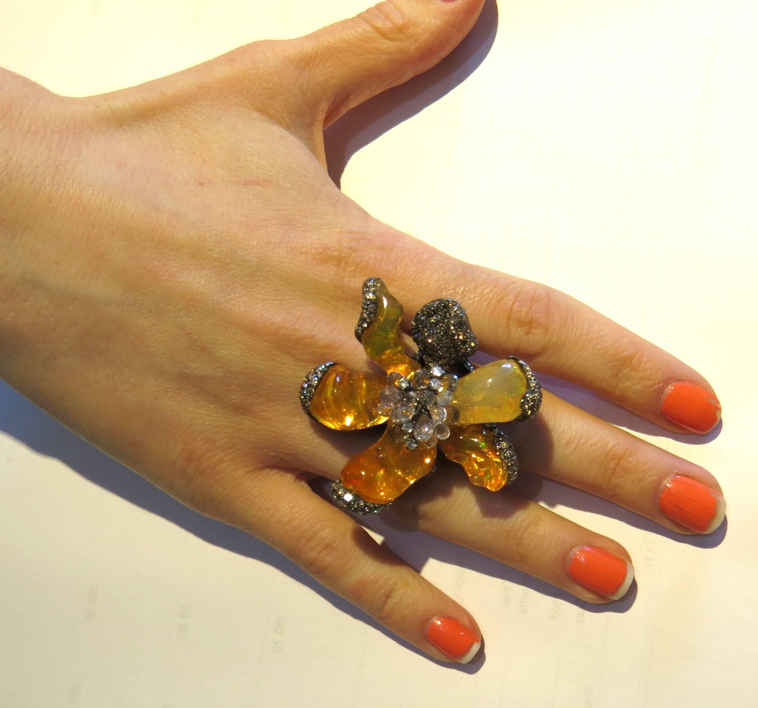 Impressive Arunashi Fire Opal Sapphire Diamond Gold Large Wild Orchid Ring 1