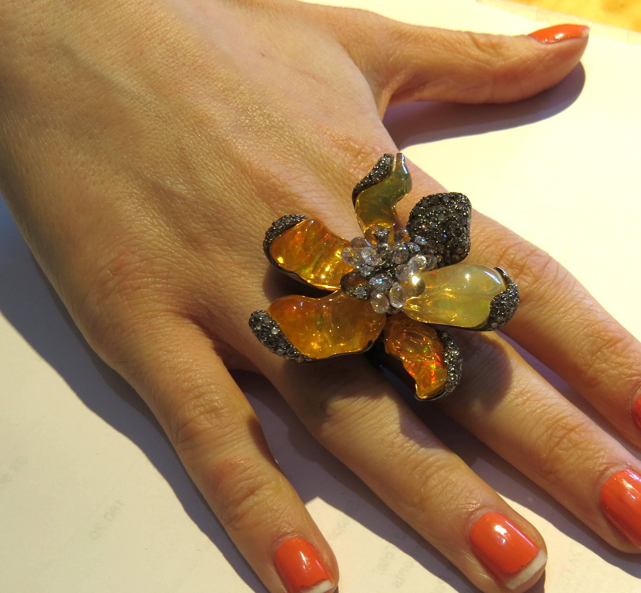 Impressive Arunashi Fire Opal Sapphire Diamond Gold Large Wild Orchid Ring 2
