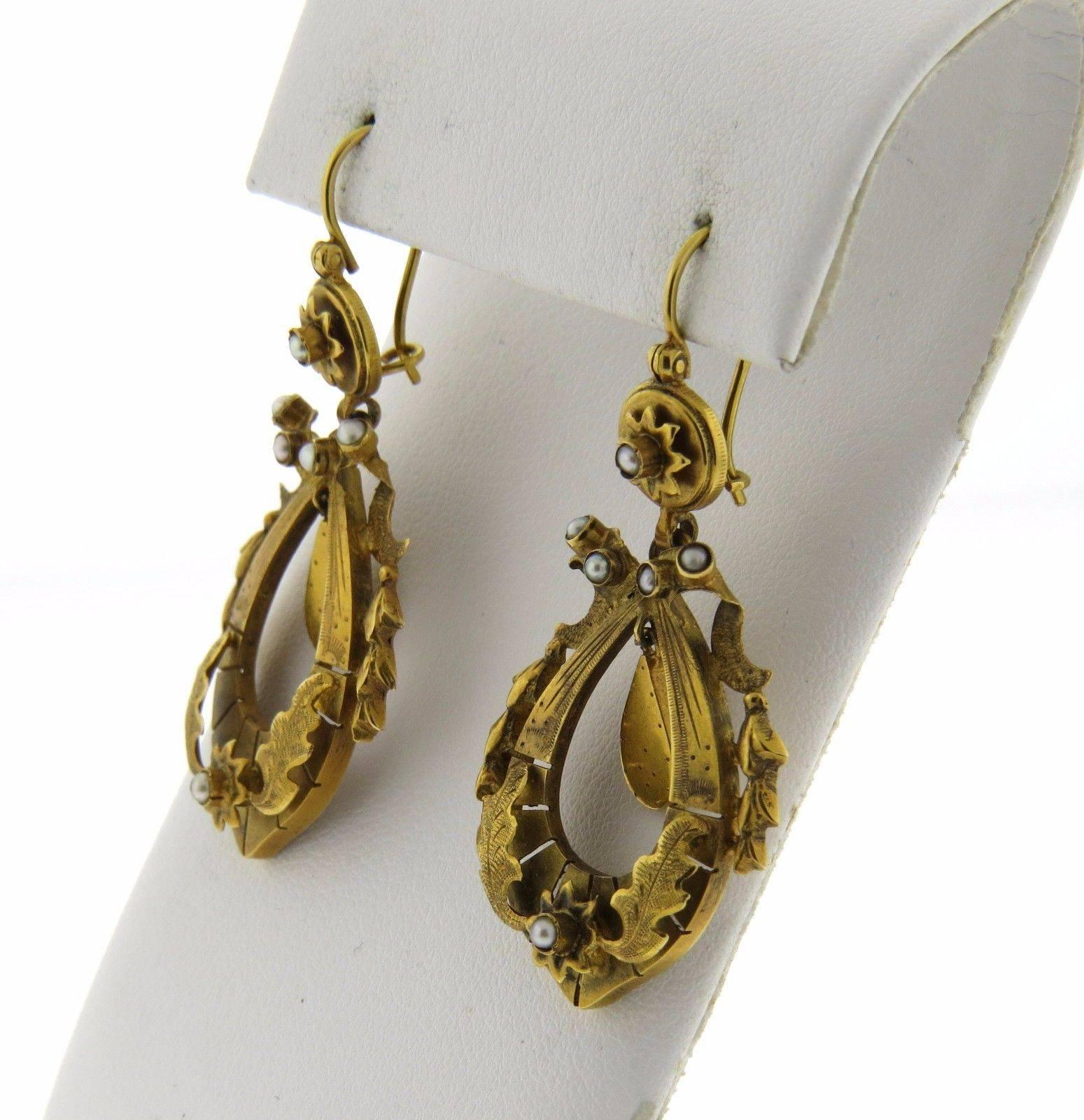 Antique Pearl Gold Dangle Earrings For Sale 1