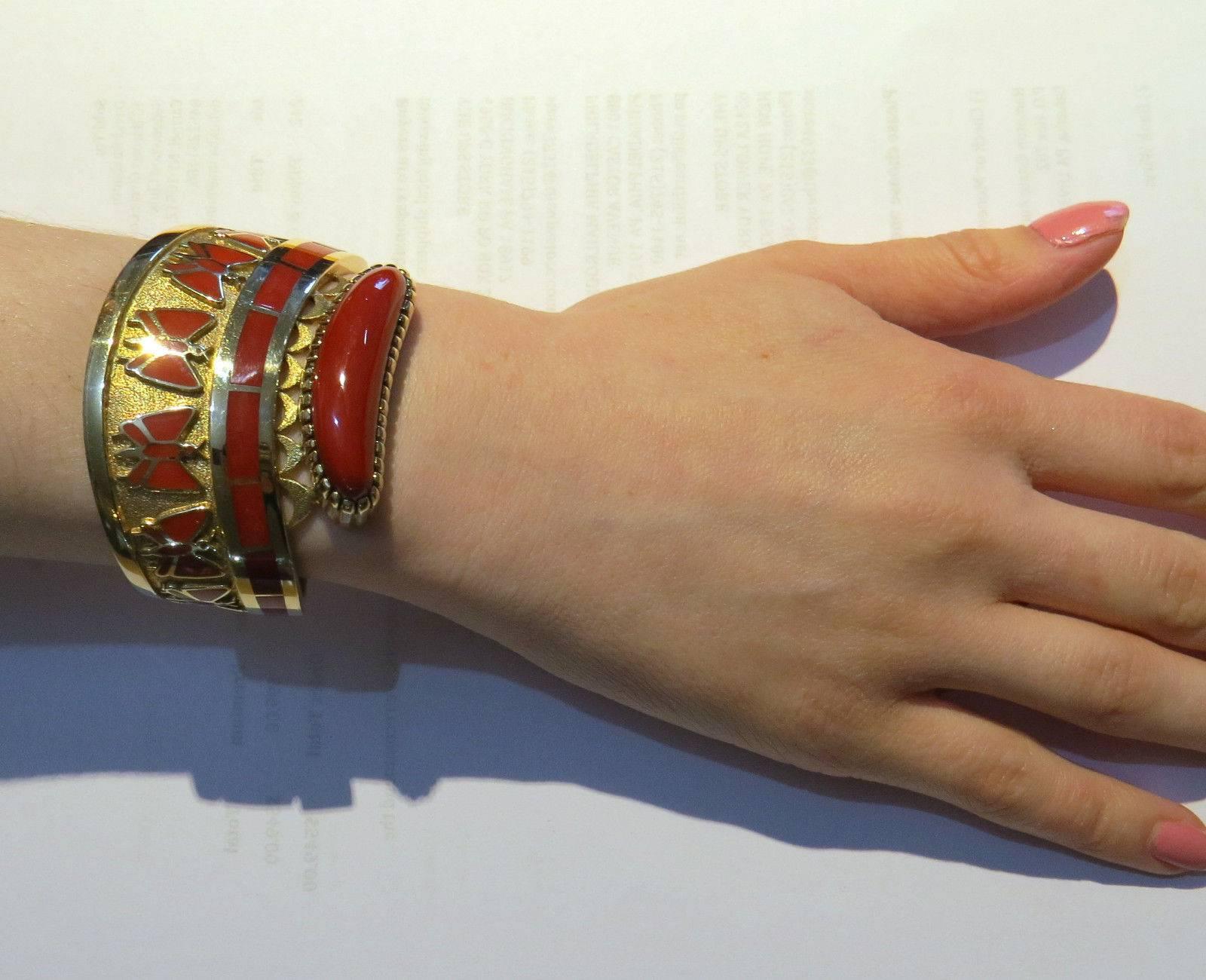 Vernon Haskie Native American Navajo Coral Gold Cuff Bracelet In Excellent Condition In Lambertville, NJ