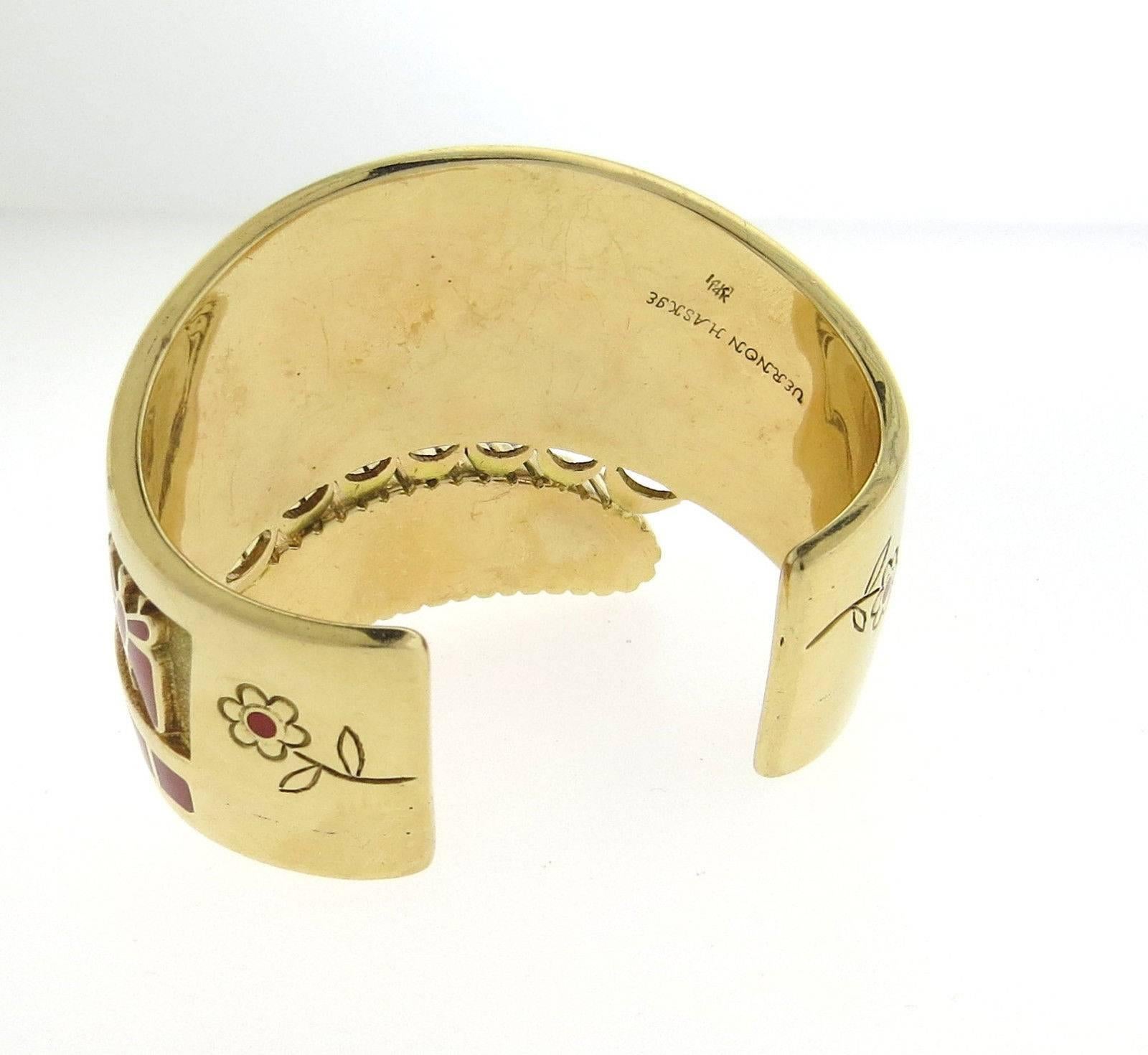 Vernon Haskie Native American Navajo Coral Gold Cuff Bracelet 1